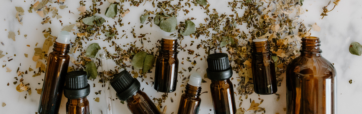Essential oil bottles among dried herbs, natural oils that keep bugs away