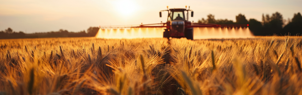 Tractor spraying pesticide over a wheat field, one way PFAS can enter the environment