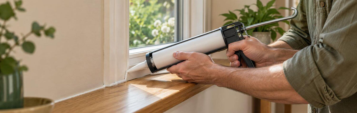 Man sealing a window gap with a caulk gun, a key step in any pest control guide to keeping insects out