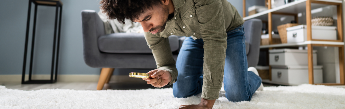 Man inspecting a carpet with a magnifying glass