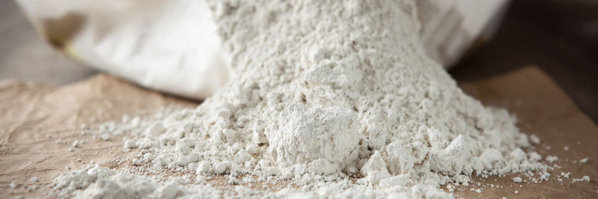 Pile of diatomaceous earth powder spilling from a bag