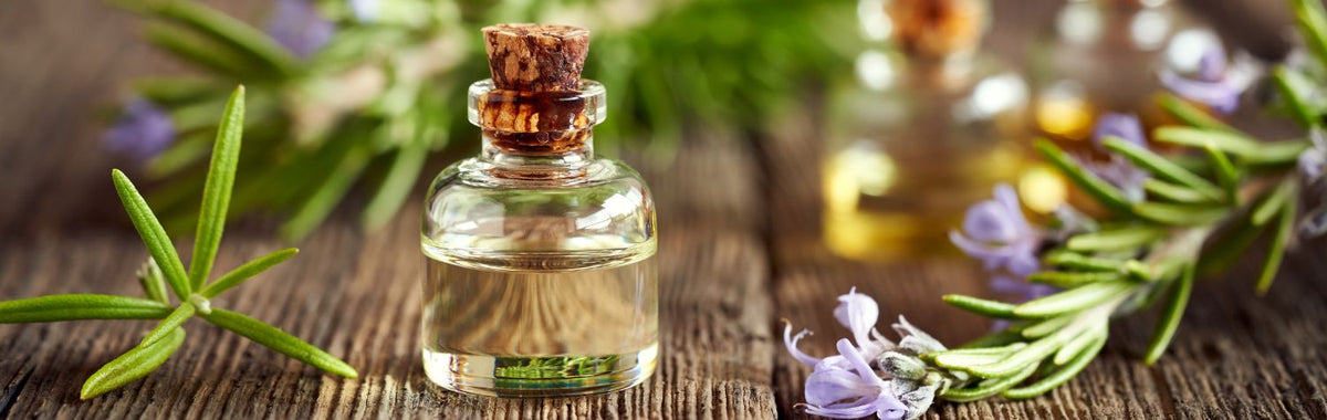 Small bottle of rosemary oil with fresh rosemary sprigs