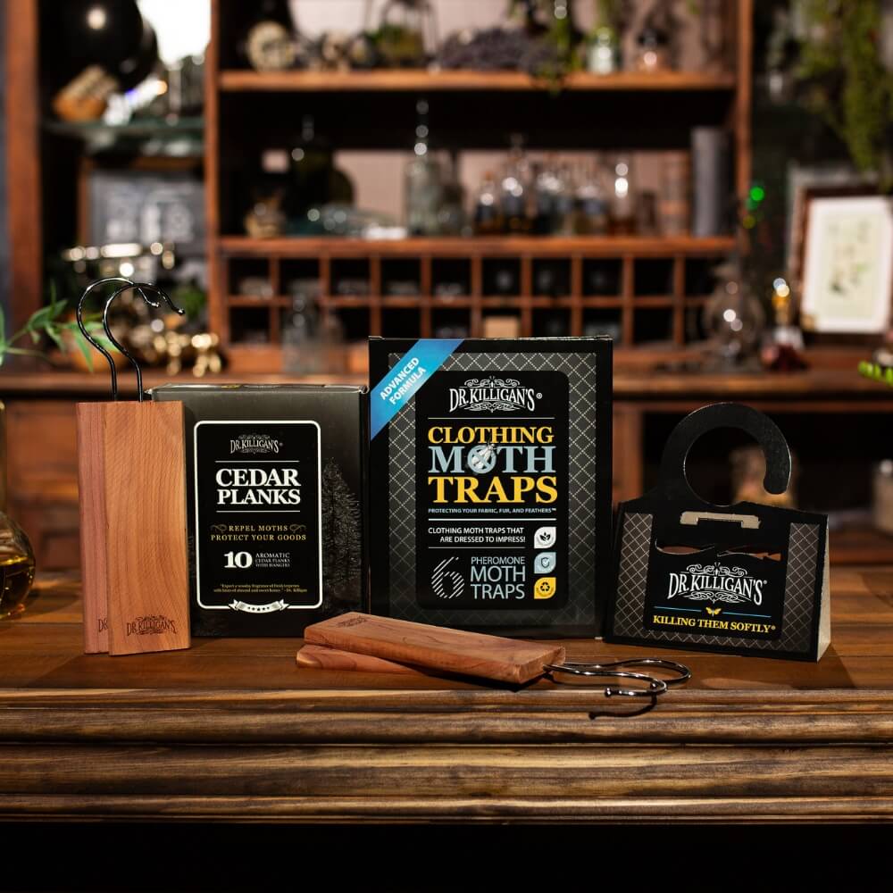 Dr. Killigan's clothing moth traps and cedar planks on a wooden surface with a blurred background. #size_small