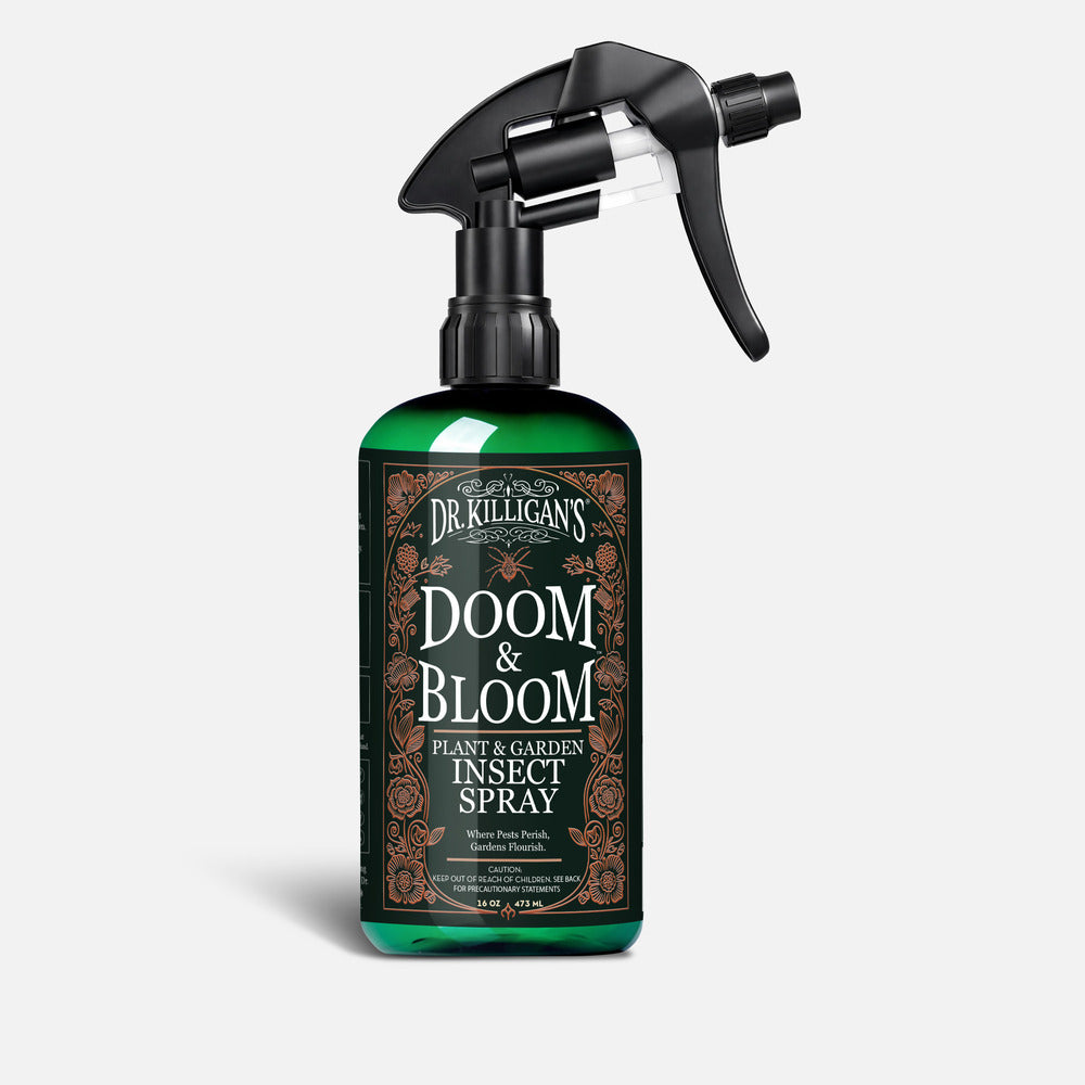 Dr. Killigan's Doom & Bloom plant and garden insect spray bottle on a white background