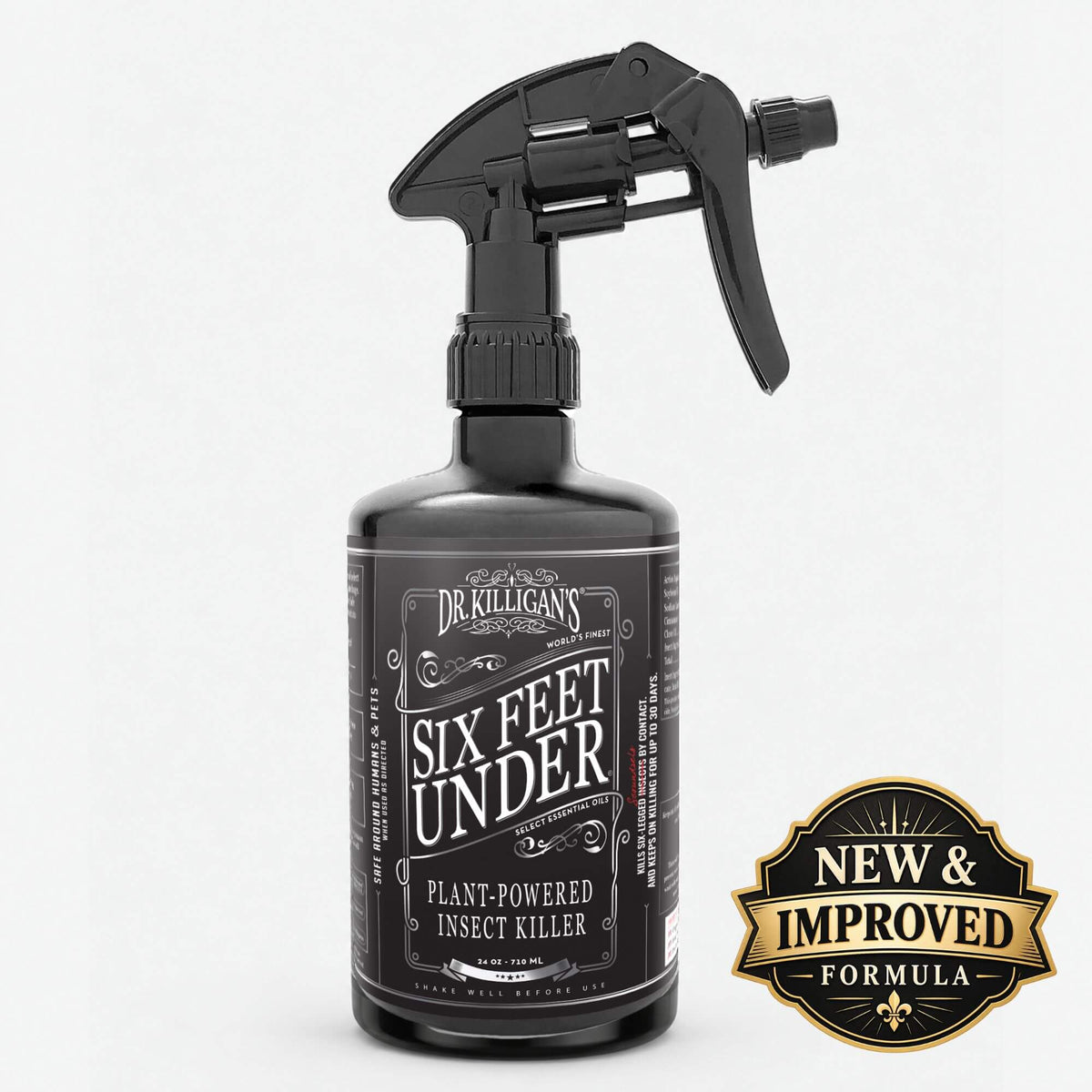 Dr. Killigan's six feet under 24oz bottle on grey background with a badge saying there is a new and improved formula