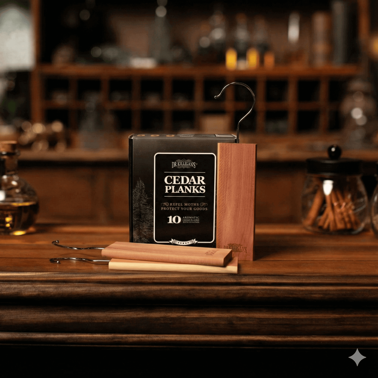 Dr. Killigan's Cedar Planks packaging on a wooden surface with a blurred bar background