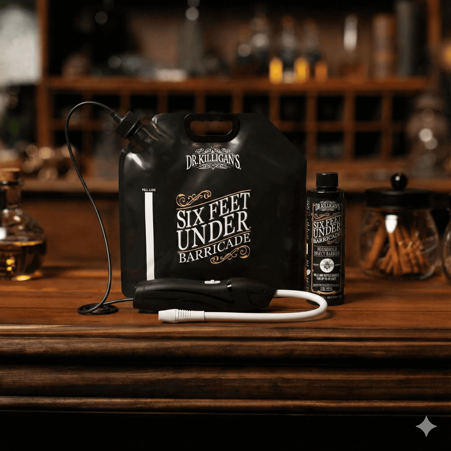 Dr. Killigan's 'Six Feet Under Barricade' product on a wooden surface with a blurred background.
