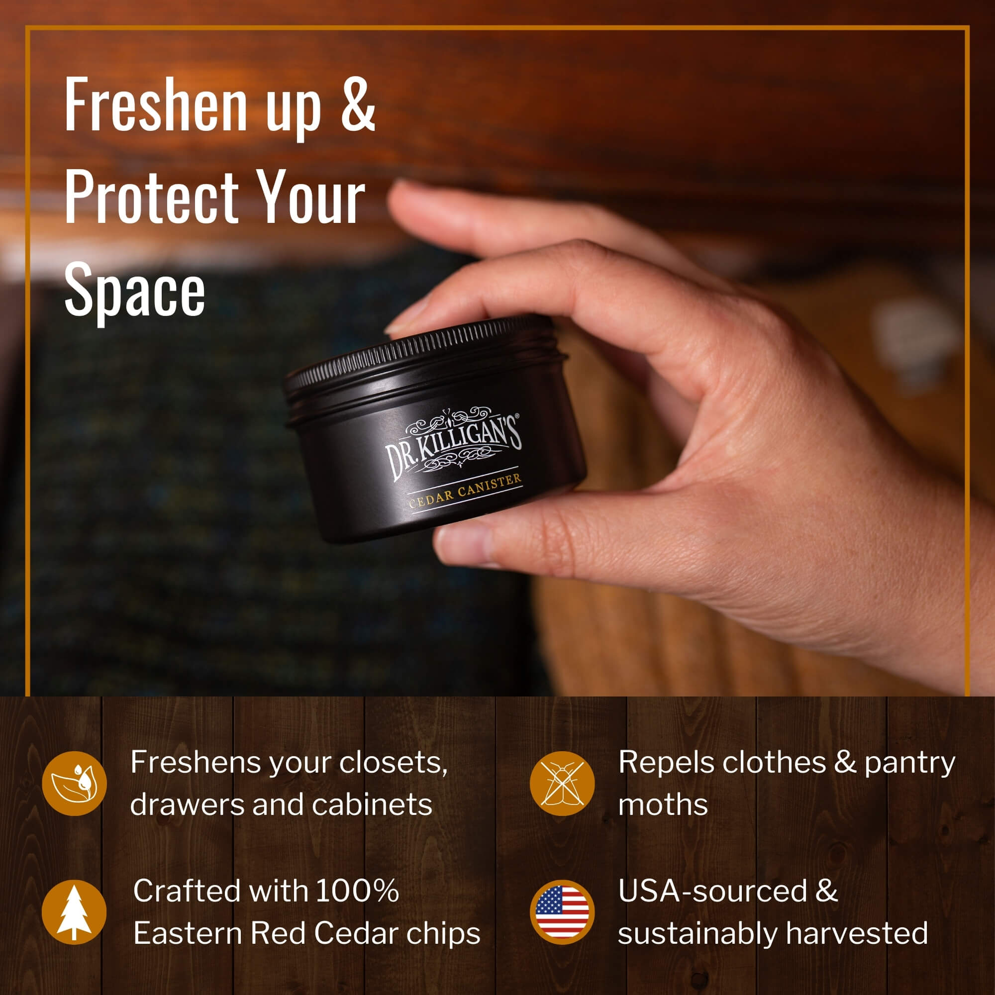 Person holding a cedar canister with text that talks about the benefits of the product