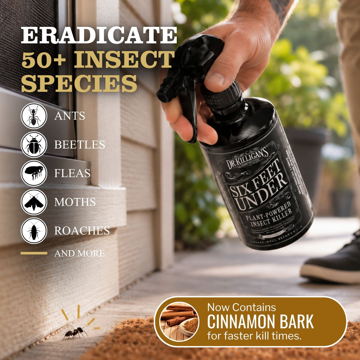 Dr. Killigan's Six Feet Under insect spray showing which insects are targeted and that cinnamon bark is a new ingredient in the product.