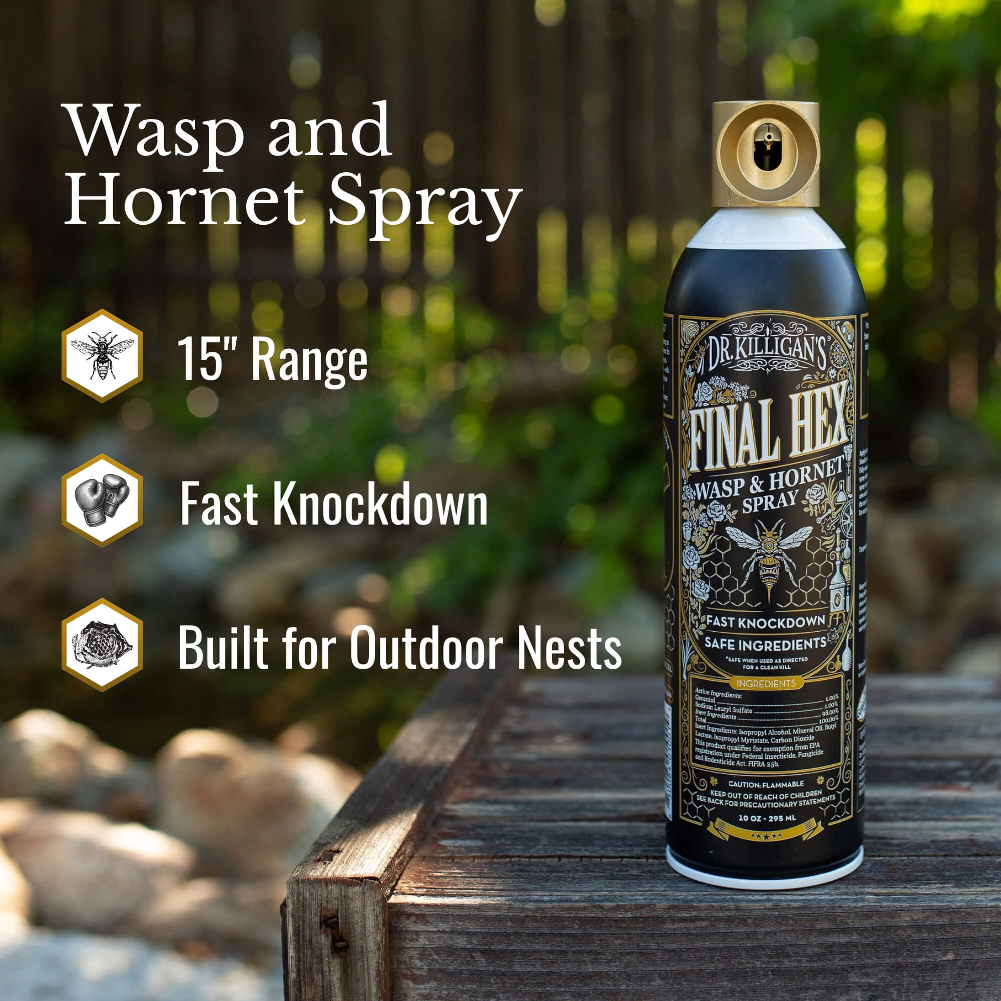 Dr. Killigan's Final Hex Wasp and Hornet Spray can on a wooden surface with outdoor background