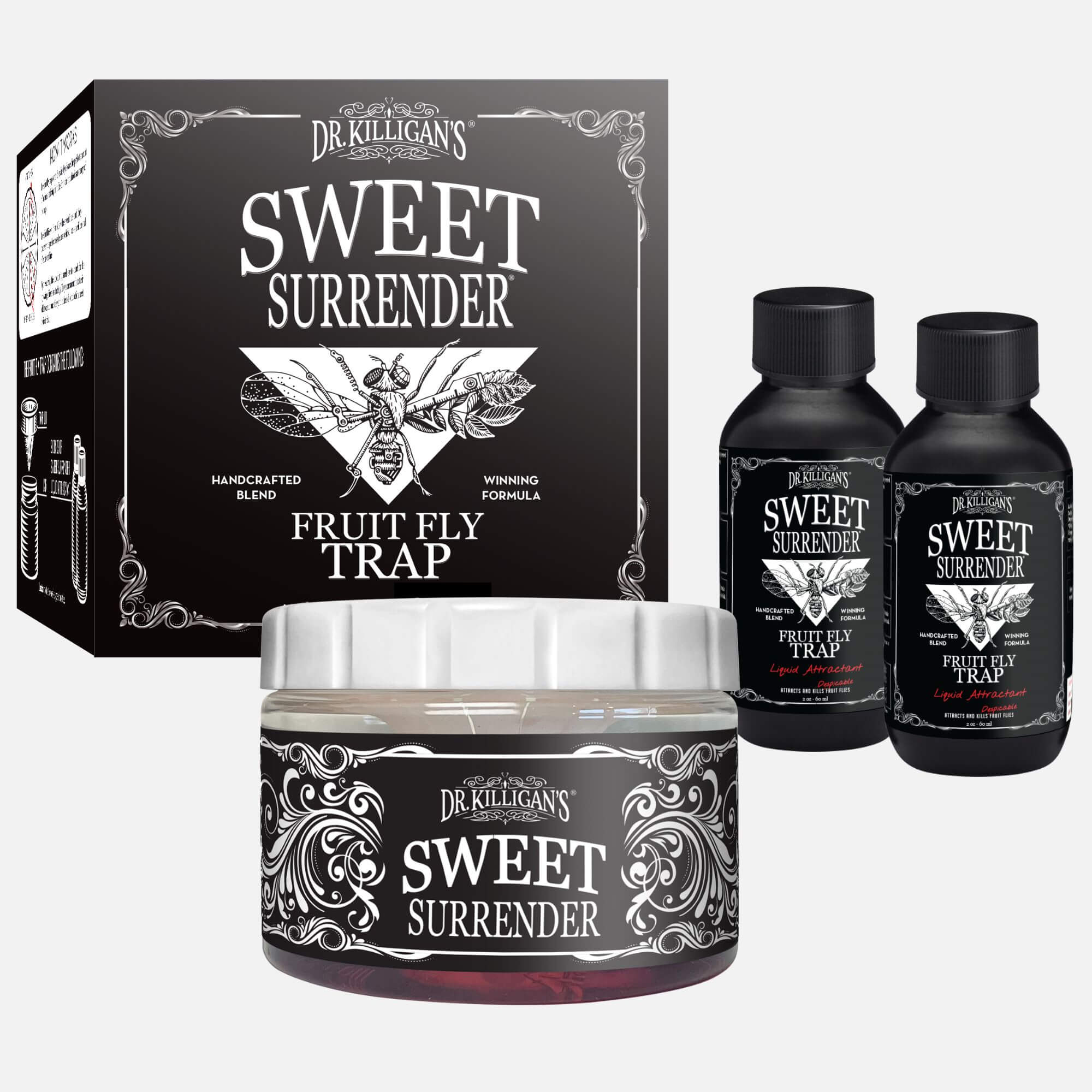 Dr. Killigan's Sweet Surrender fruit fly trap packaging including a box, jar, and two bottles on a white background. #size_medium