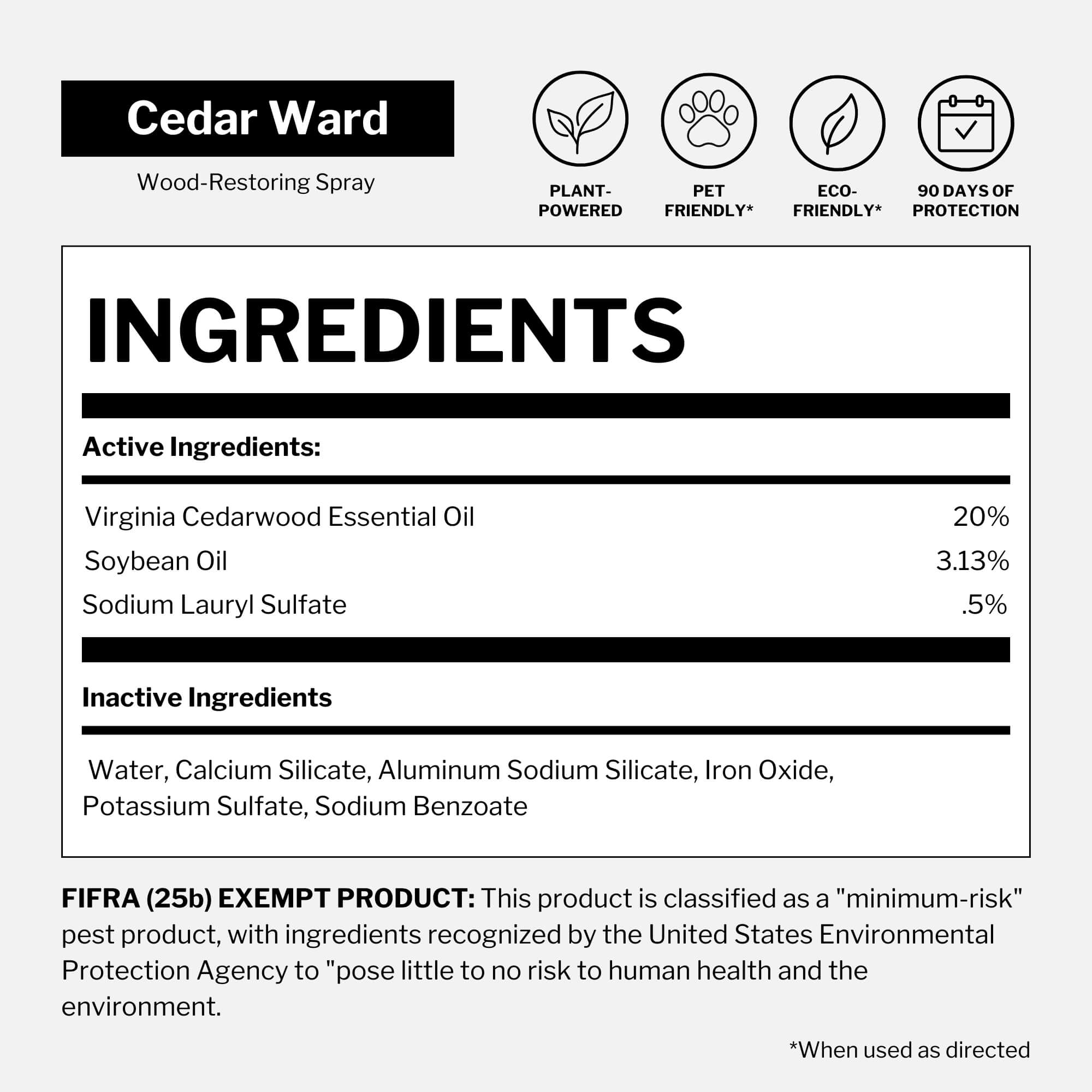 A product label for Cedar Ward Wood-Restoring Spray, showing the brand name, key feature icons, and a detailed ingredients list on a white background.