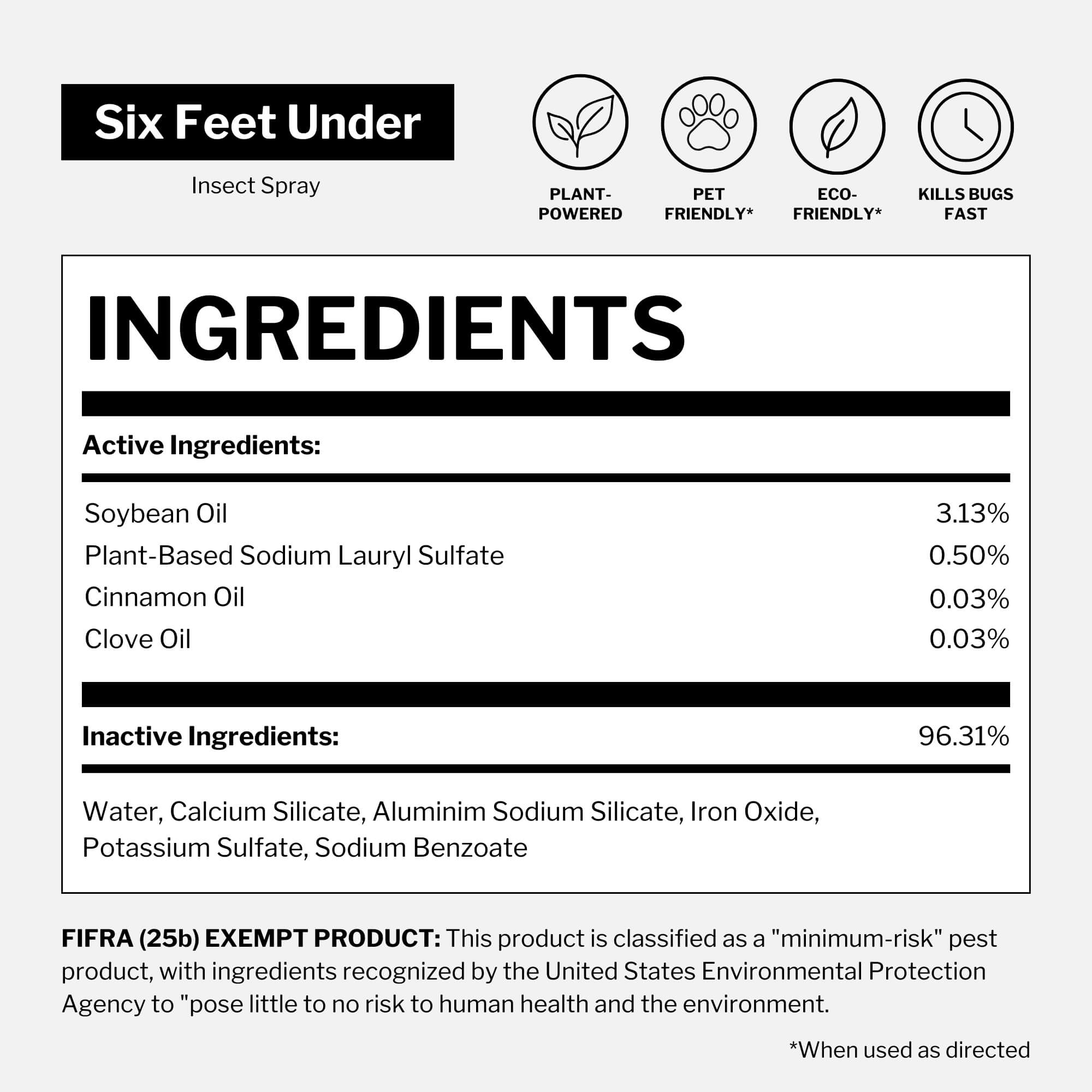 A product information label for Six Feet Under Insect Spray, showing icons for plant-powered, pet-friendly, eco-friendly, and kills bugs fast, plus an ingredients list and exemption text.