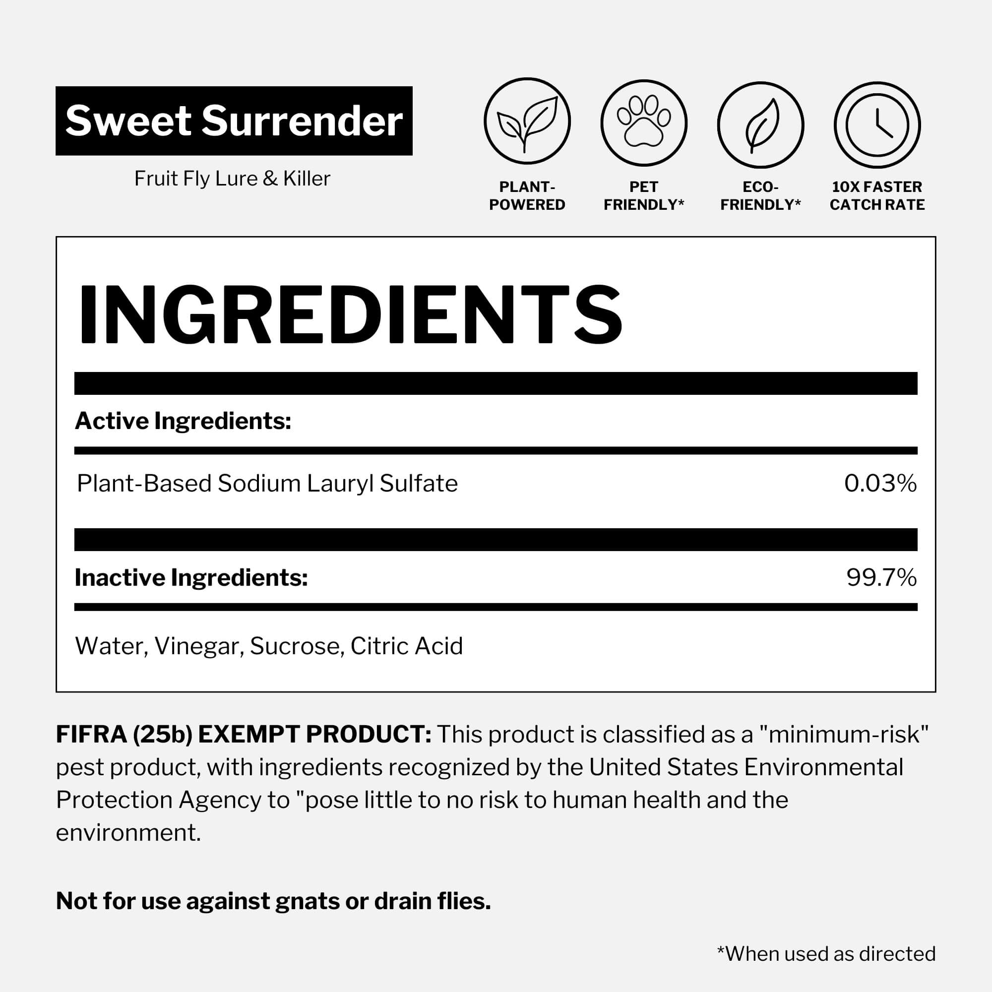 A flat product information graphic for Sweet Surrender Fruit Fly Lure & Killer, showing a nutrition-style ingredients panel, feature icons for plant-powered, pet-friendly, eco-friendly, and 10x faster catch rate, and usage notes on a light gray background.
