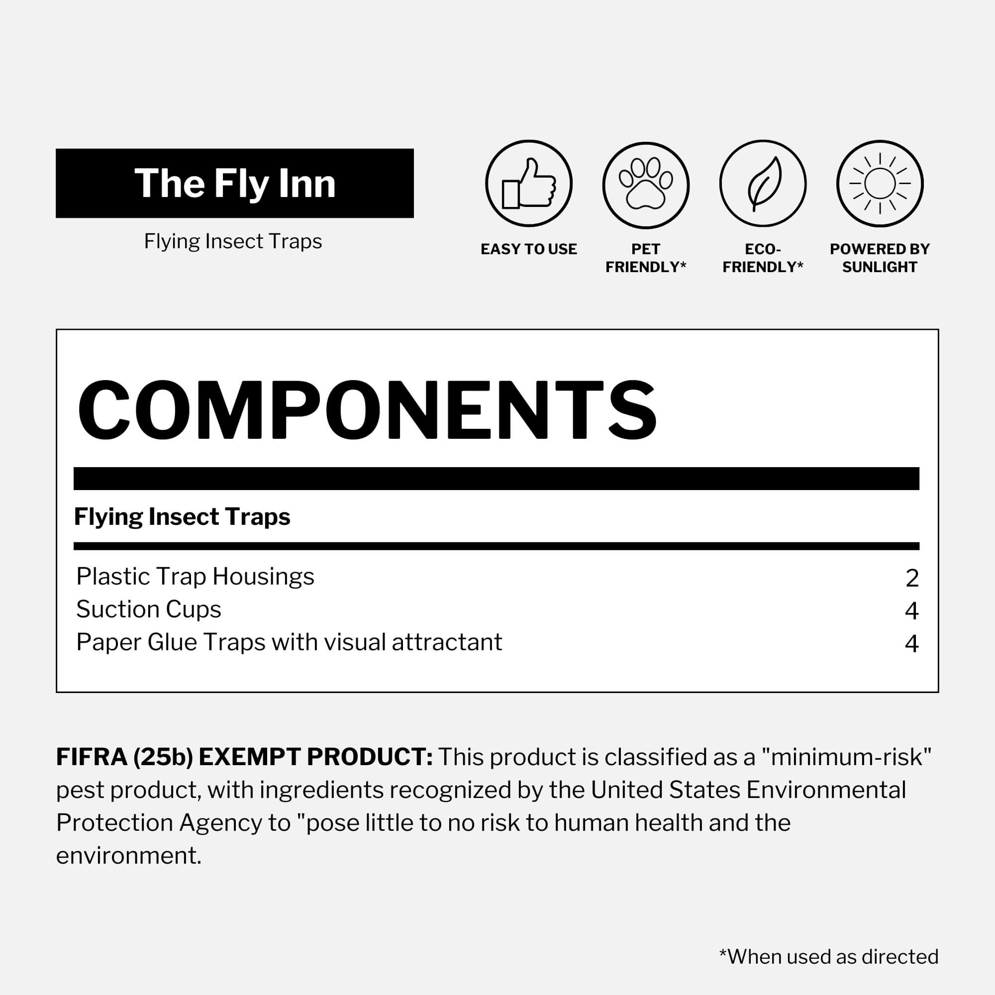 A product information graphic for 'The Fly Inn' flying insect traps, showing icons for easy to use, pet friendly, eco-friendly, and powered by sunlight, plus a components table and a small usage note on a light gray background.