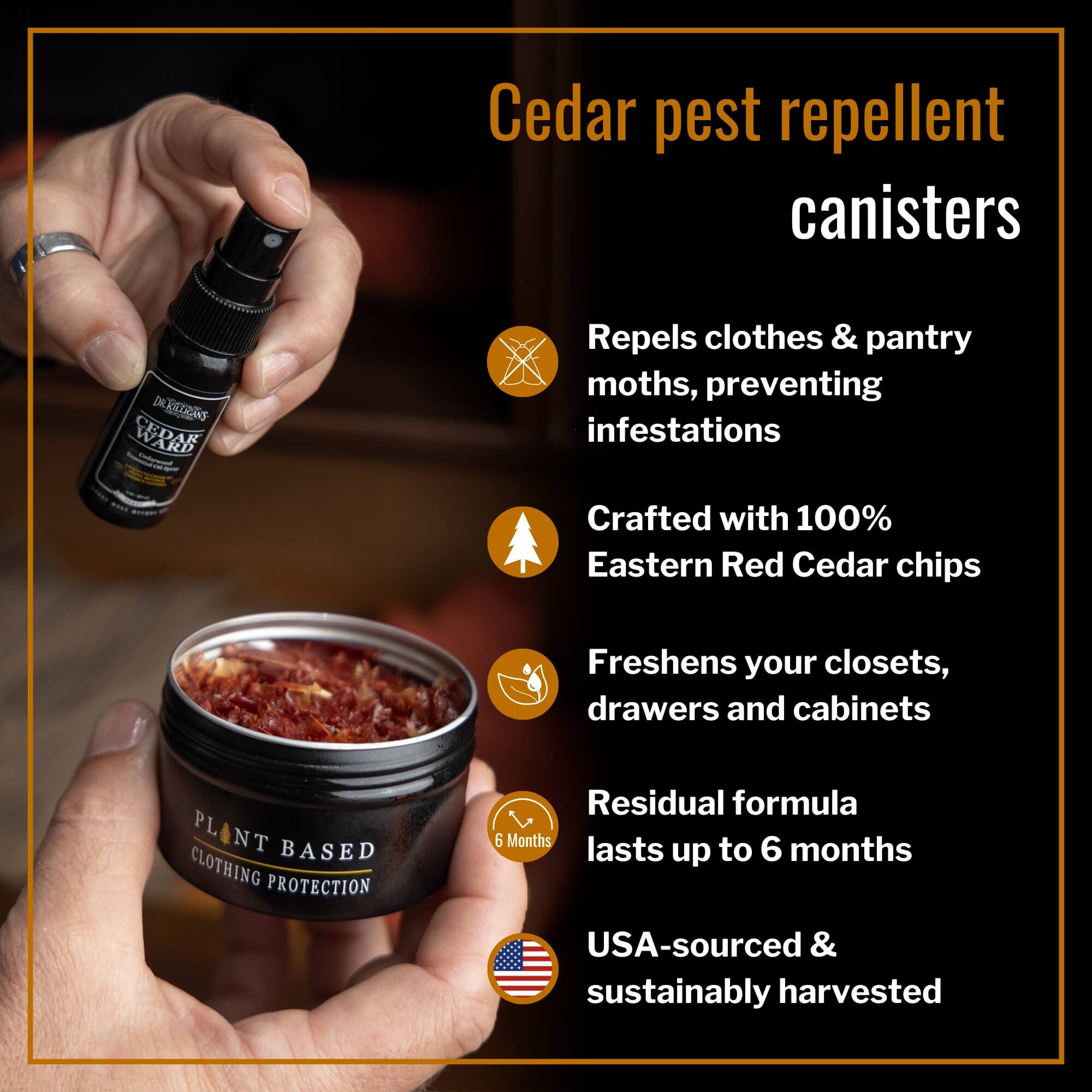 Cedar pest repellent canisters being held with product details on a dark background