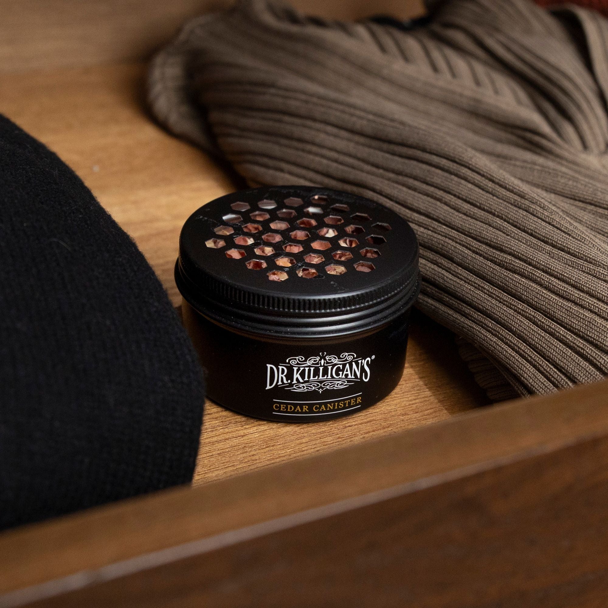 Dr. Killigan's cedar canister in drawer
