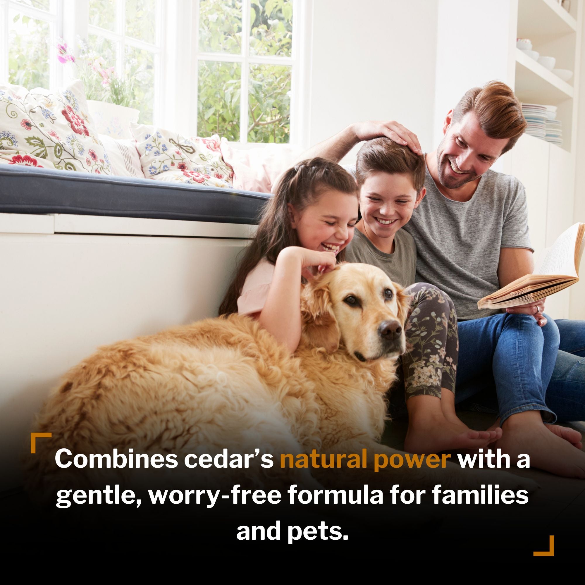 family with dog sitting by window