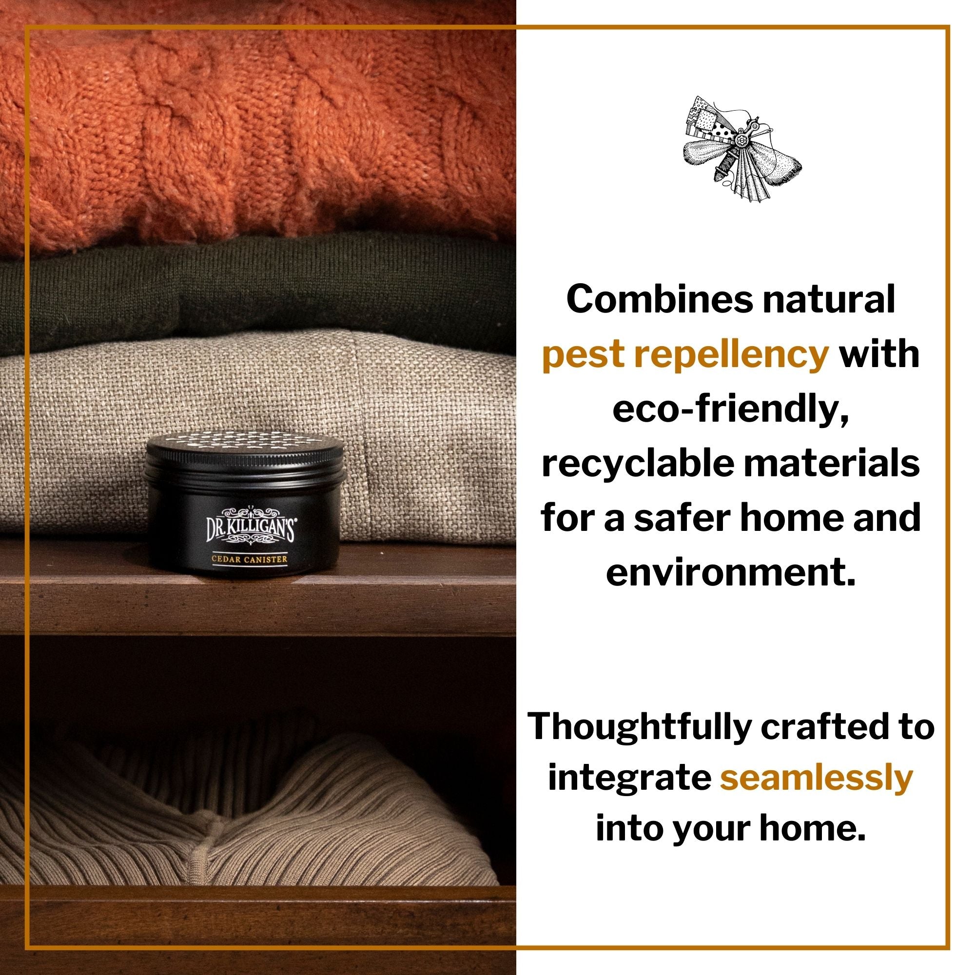 Cedar canister on shelf with clothes and text talking about pest repellency