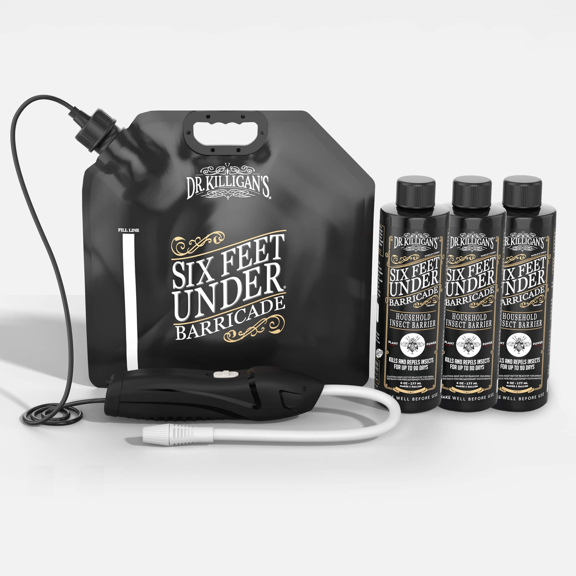 Dr. Killigan's Six Feet Under Barricade product with black tank and bottles on a white background #household size_up to 7500 sq ft