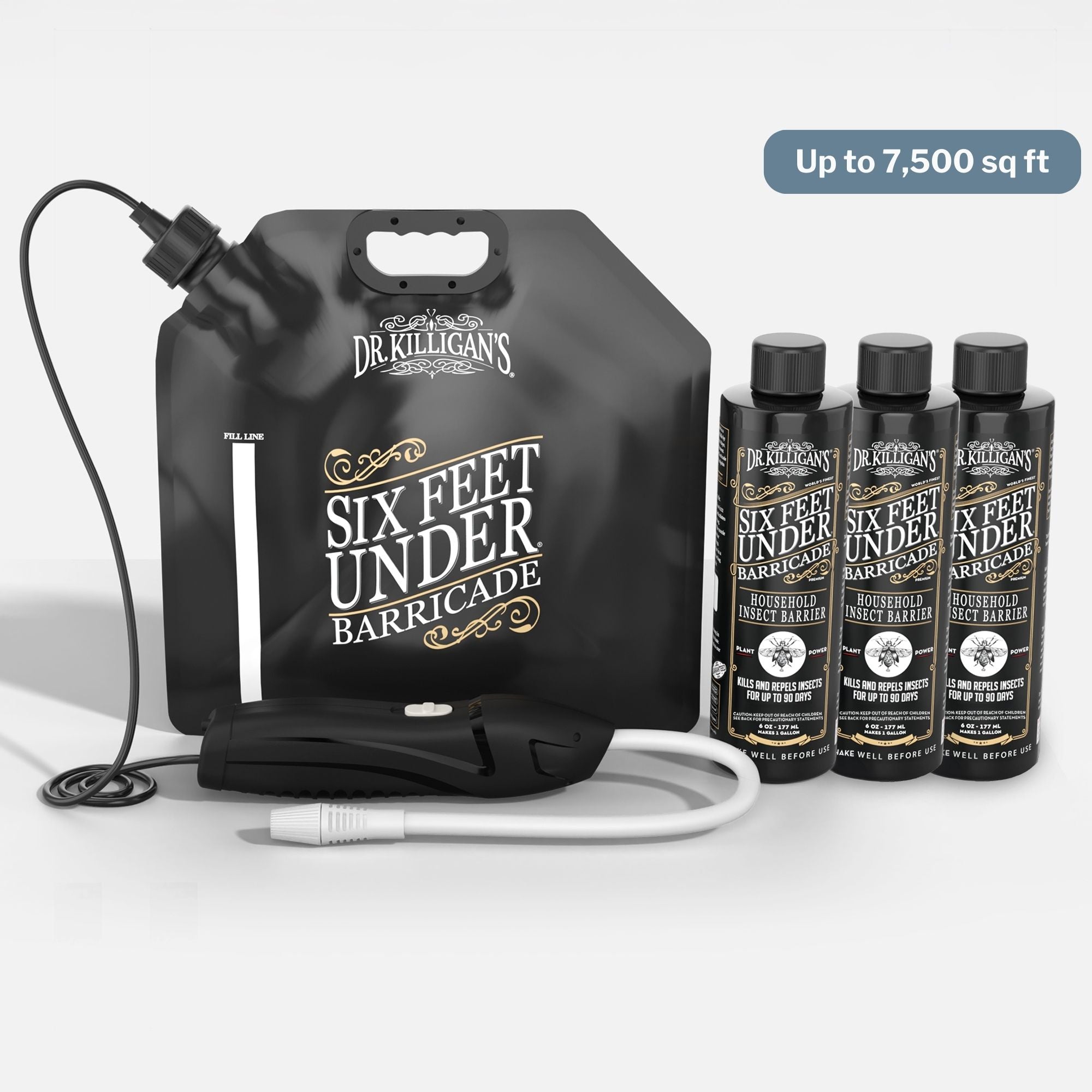 Dr. Killigan's Six Feet Under Barricade product with black tank and bottles on a white background #household size_up to 7500 sq ft