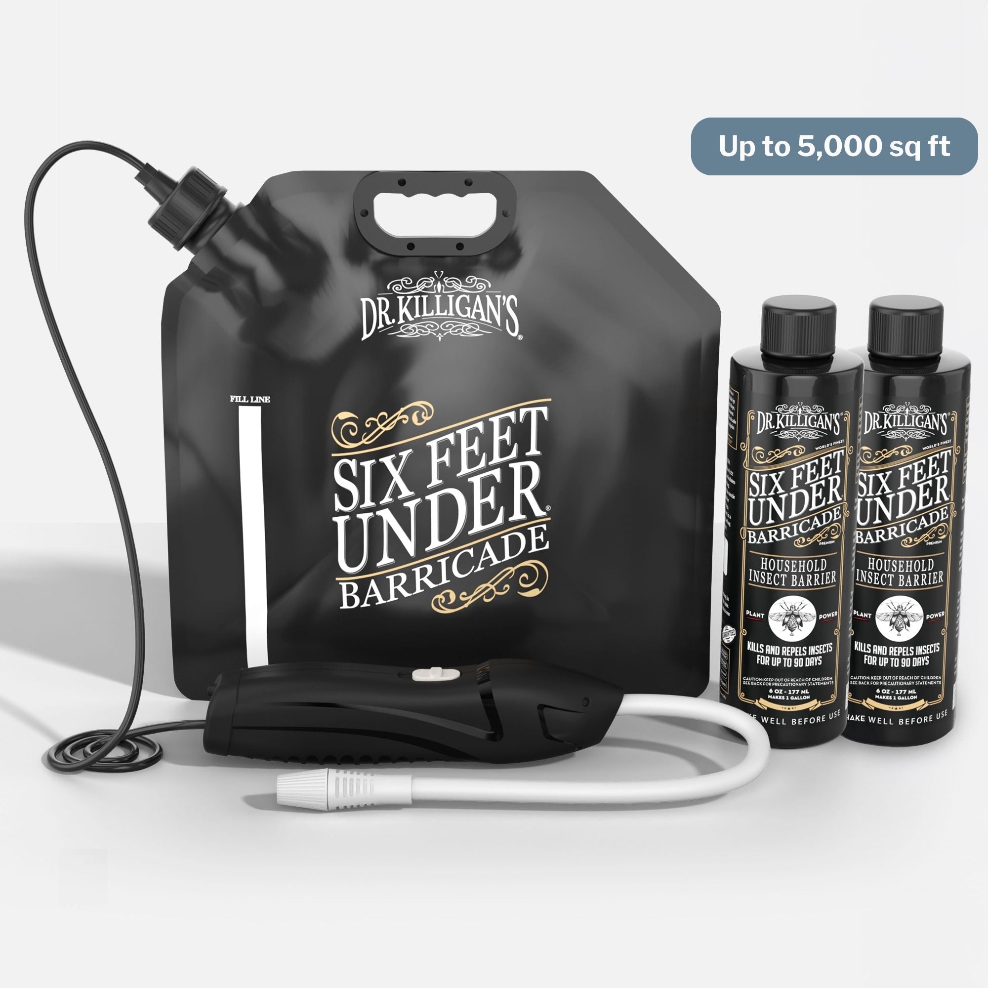Dr. Killigan's Six Feet Under Barricade product with black tank and bottles on a white background #household size_up to 5000 sq ft