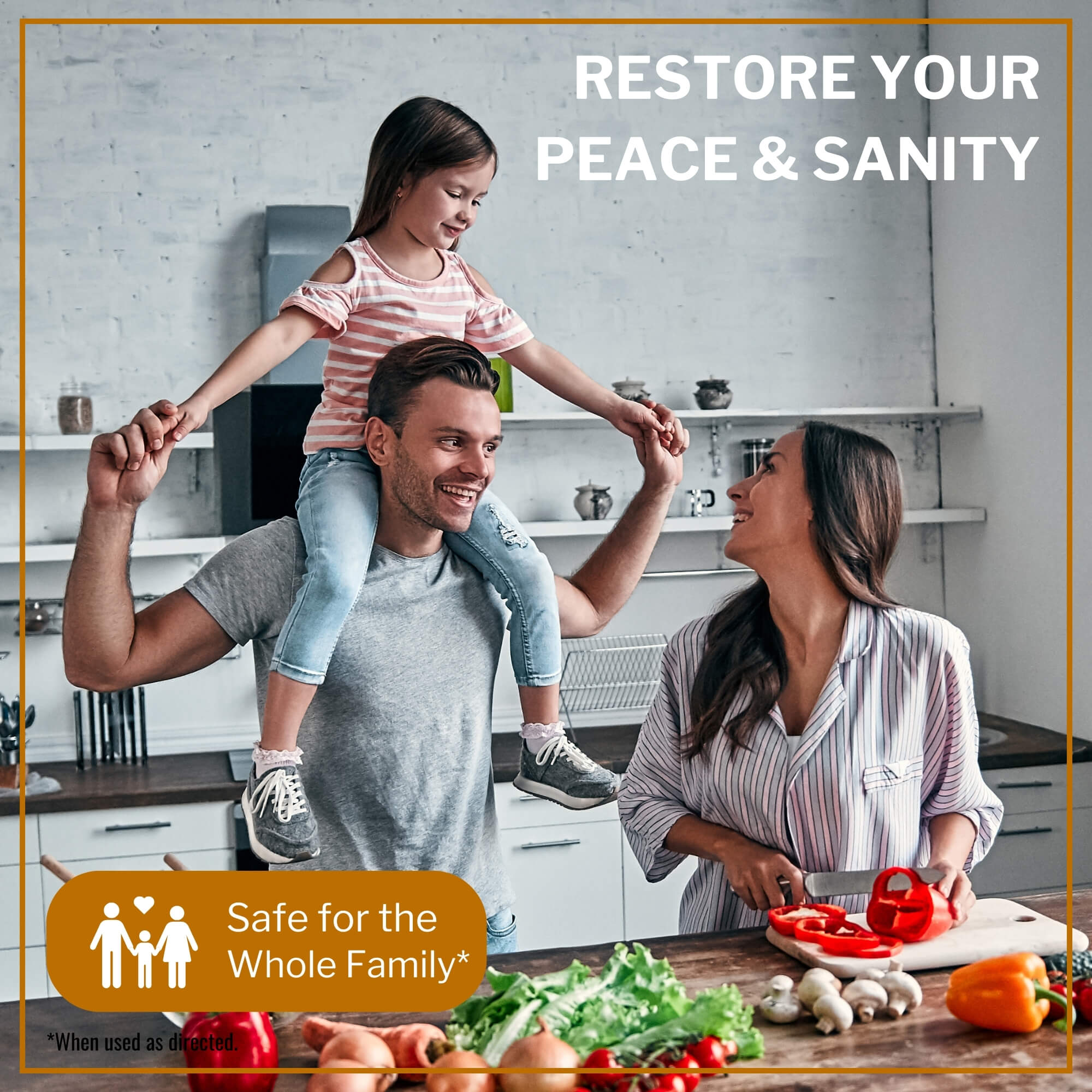 family preparing dinner in the kitchen with little girl sitting on her dad's shoulders