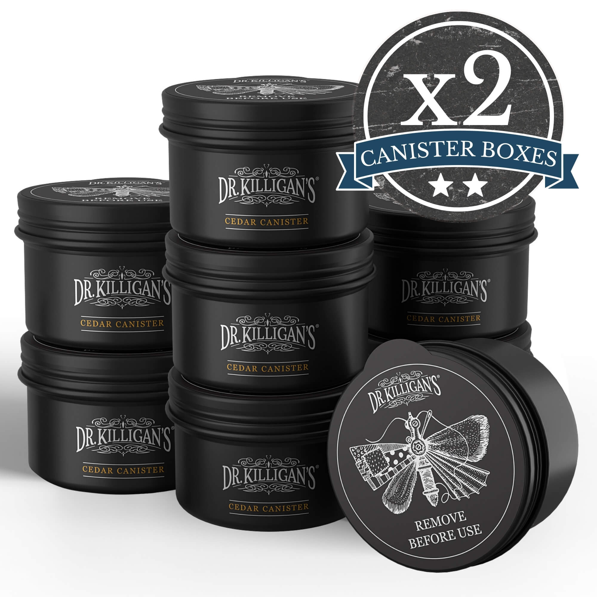 Dr. Killigan's cedar canister packaging with branding and product details. #Save on Multipacks_2 Boxes