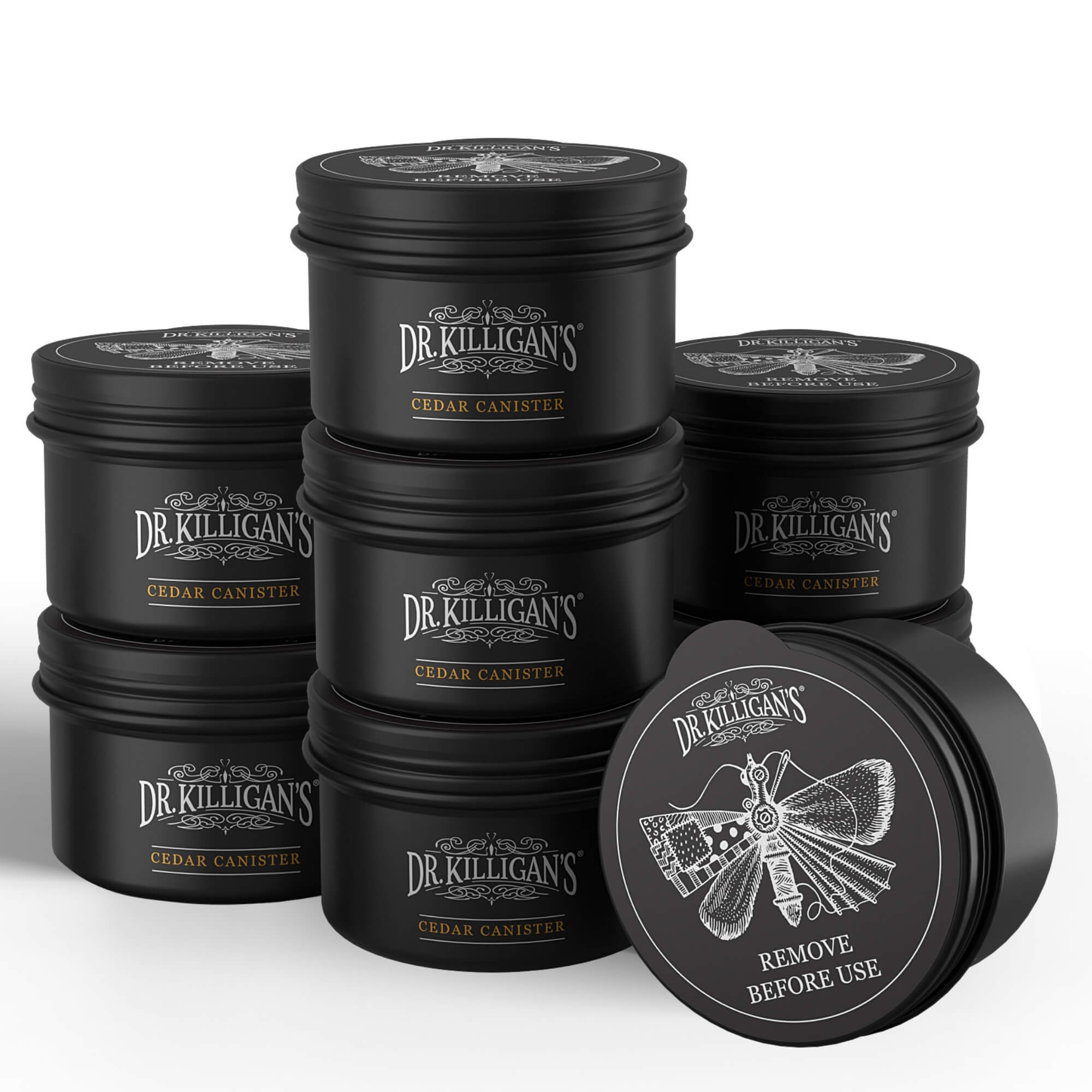 Stack of Dr. Killigan's cedar canisters on a white background #Save on Multipacks_1 Box