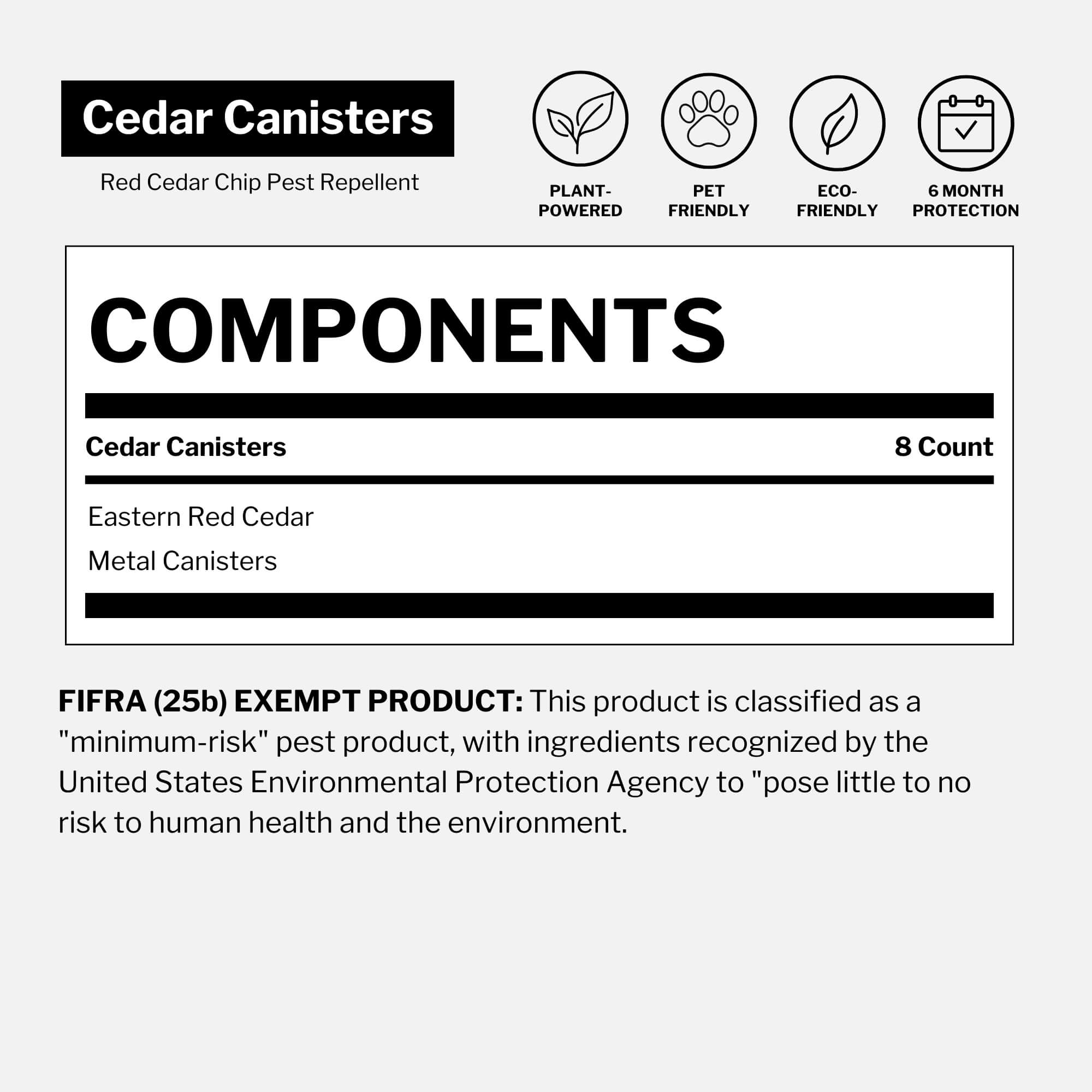 Product component info for Dr. Killigan's Cedar Canisters pest repellent with component details and icons.