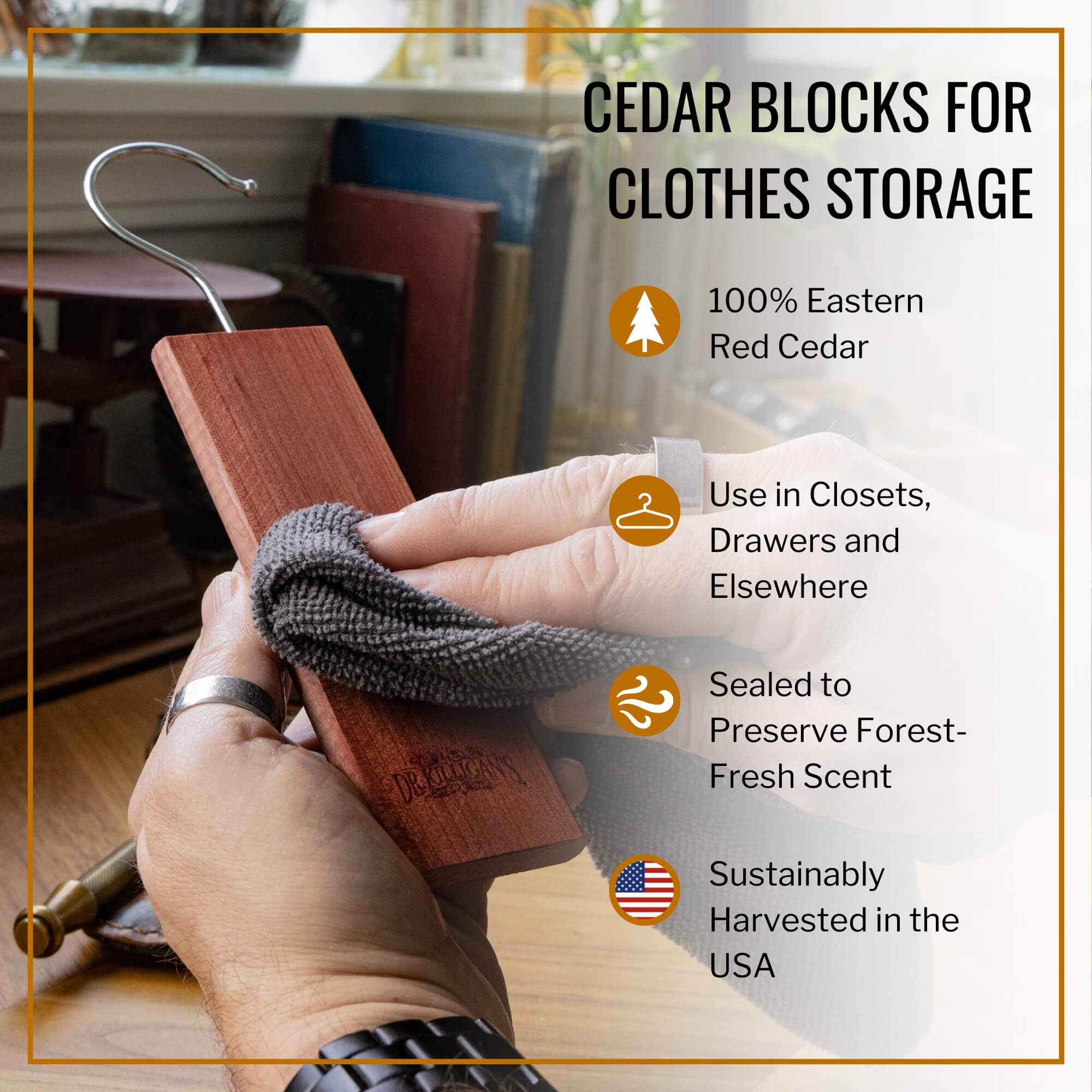 Hand holding a wooden hanger with text about cedar blocks for clothes storage.