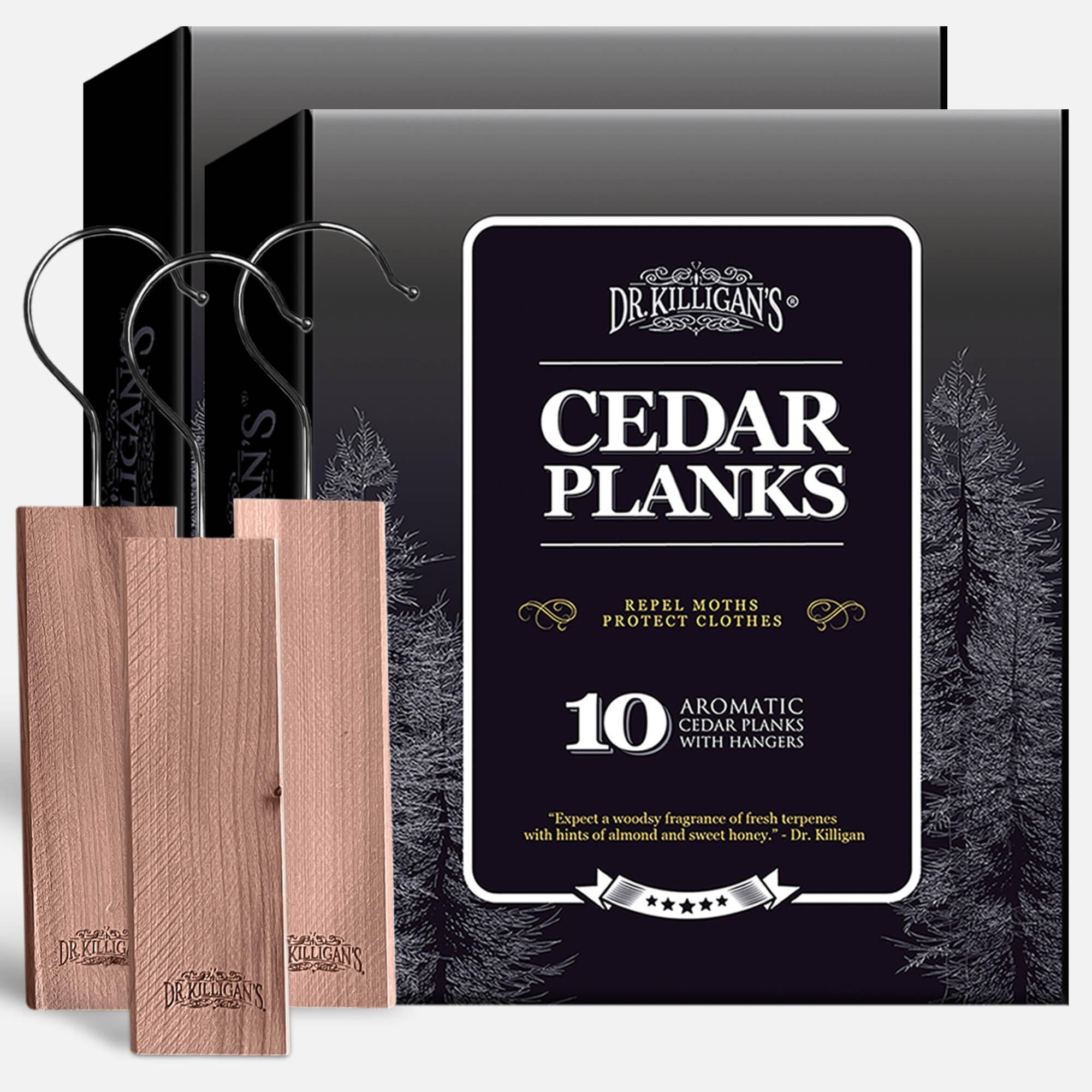 Dr. Killigan's Cedar Planks packaging with wooden planks and hangers on a white background #multipacks_20 planks
