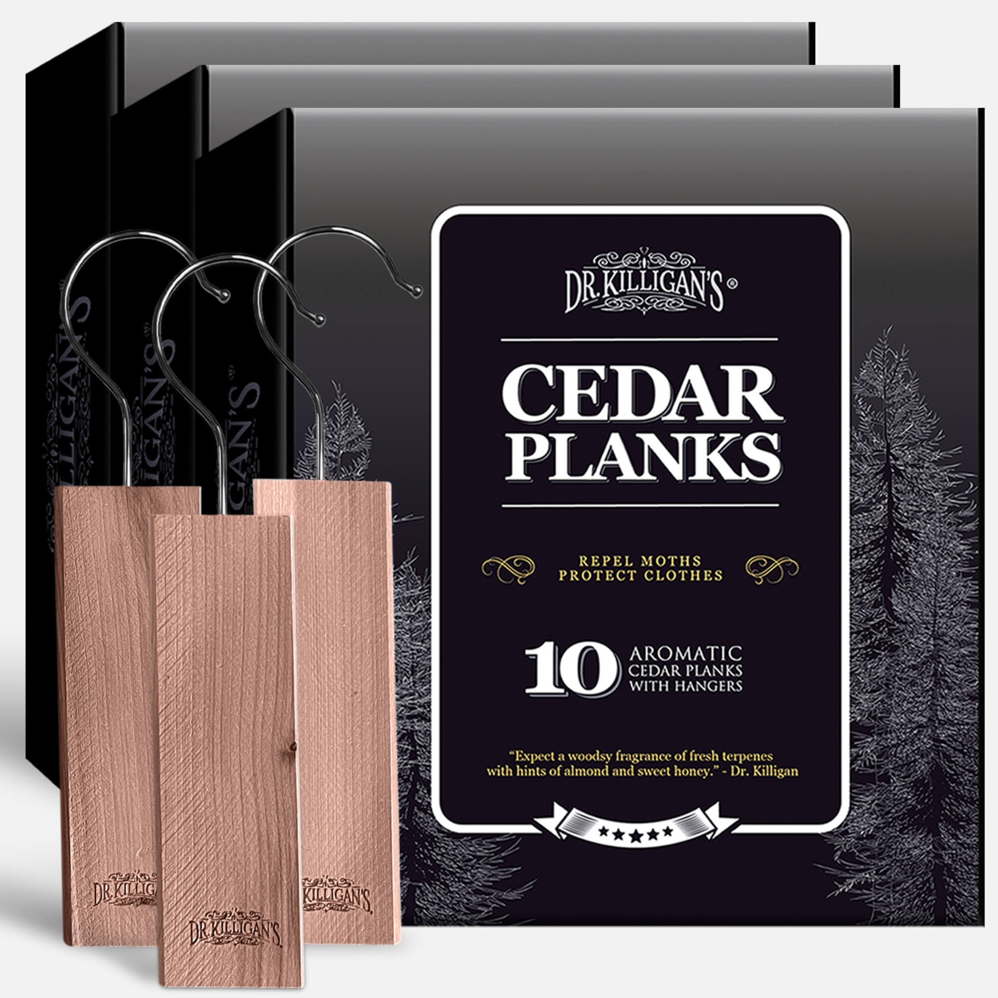 Dr. Killigan's Cedar Planks packaging with wooden planks and hangers on a black background. #multipacks_30 planks