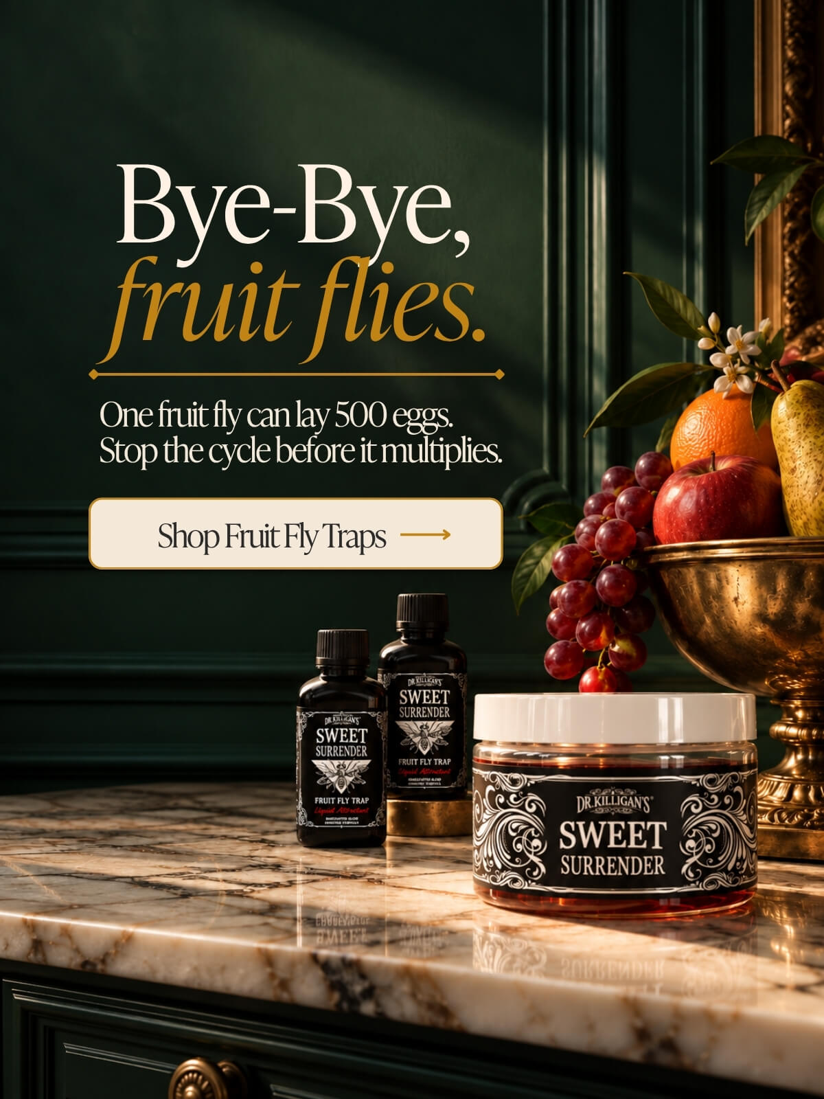 Dr. Killigan's fruit fly trap and refill attractant on marble countertop with text advertising the trap.