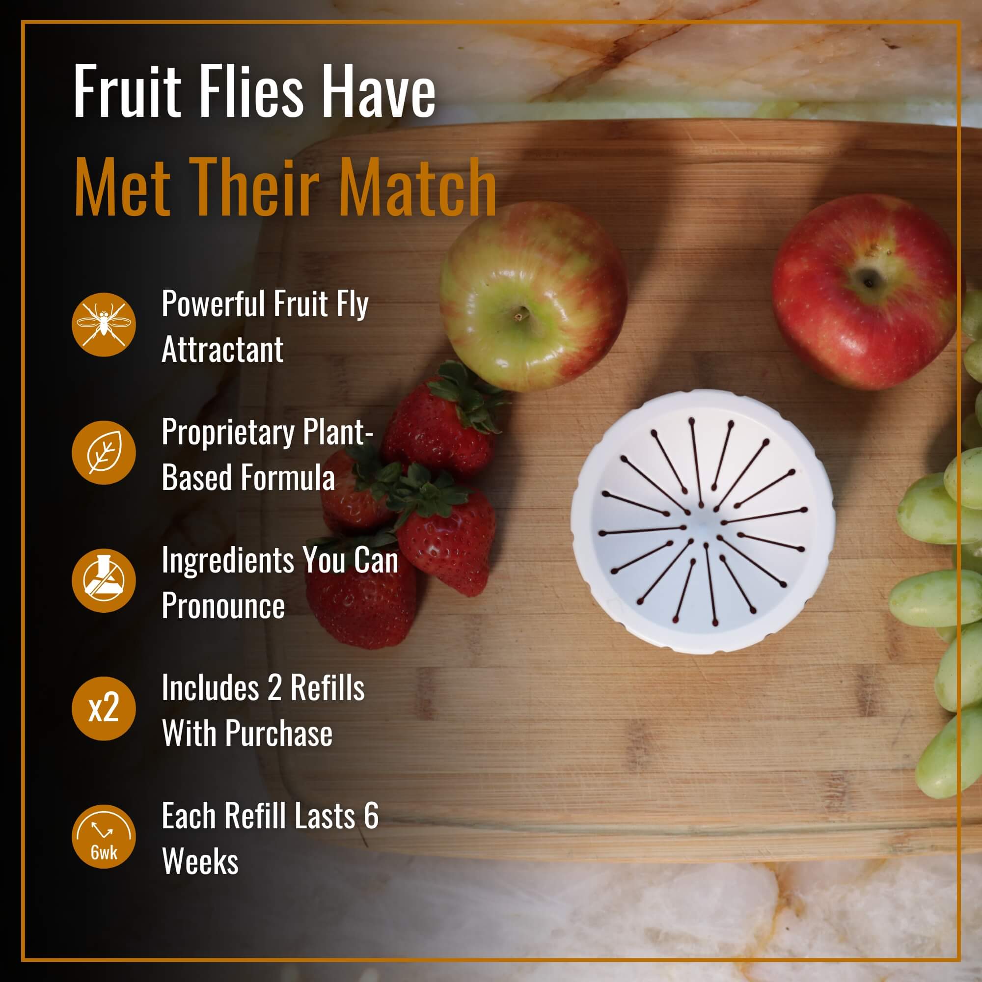 Fruit fly trap on a cutting board with fruits and berries