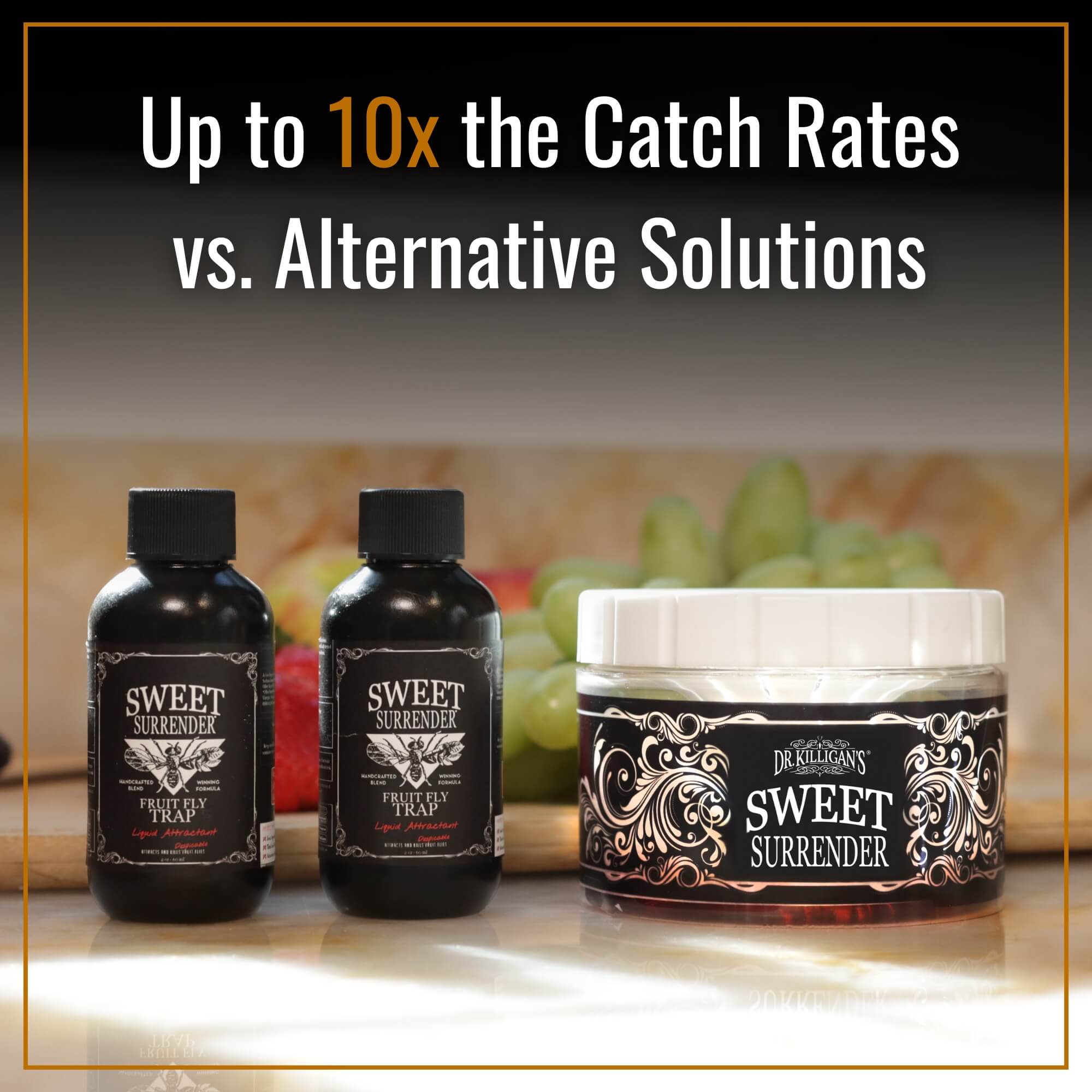 Two bottles and a 'Sweet Surrender' fruit fly trap on a kitchen countertop surface with text about catch rates.