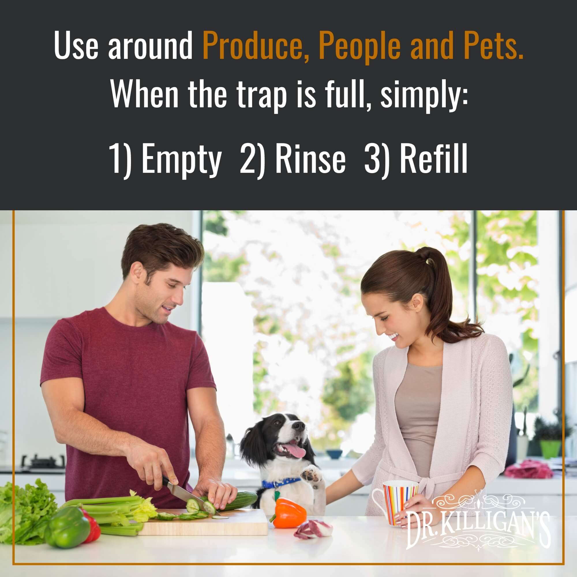 Man and woman preparing food in a kitchen with a dog, promoting product use around produce, people, and pets.