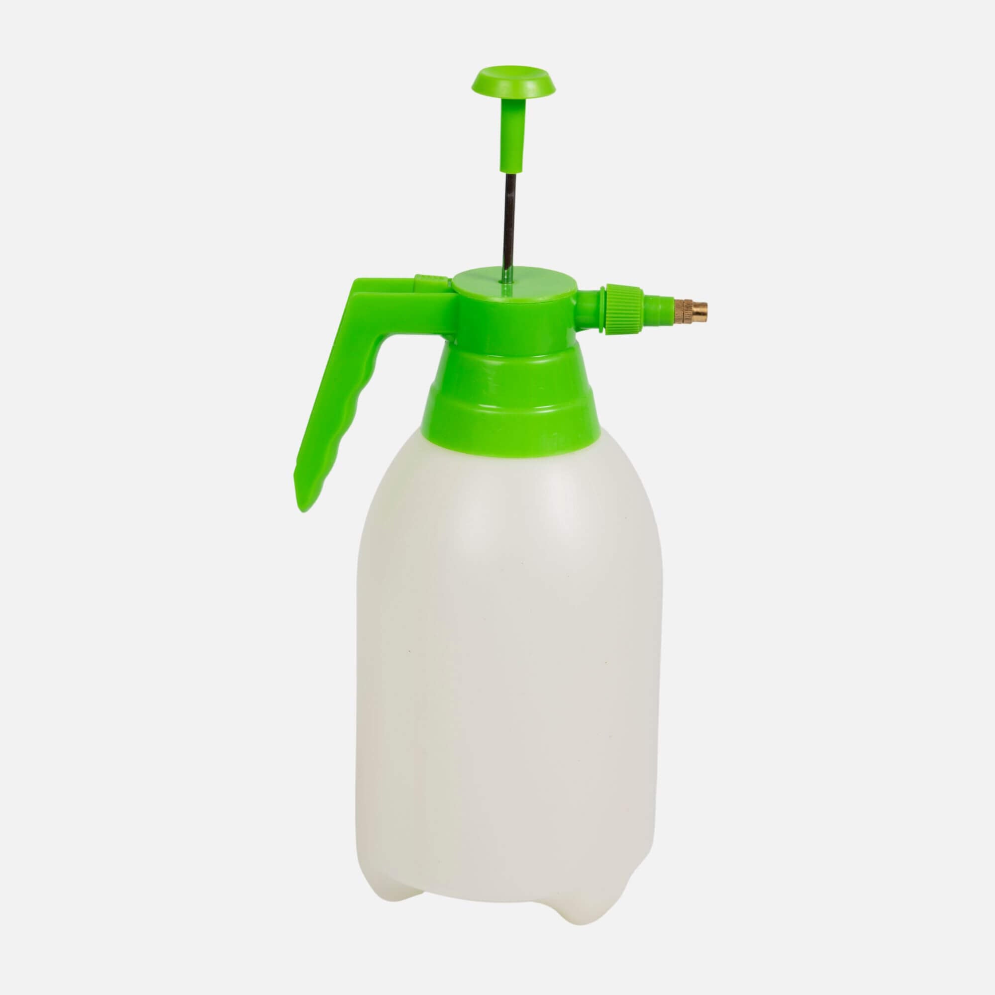 Grey pump sprayer with green top on grey background