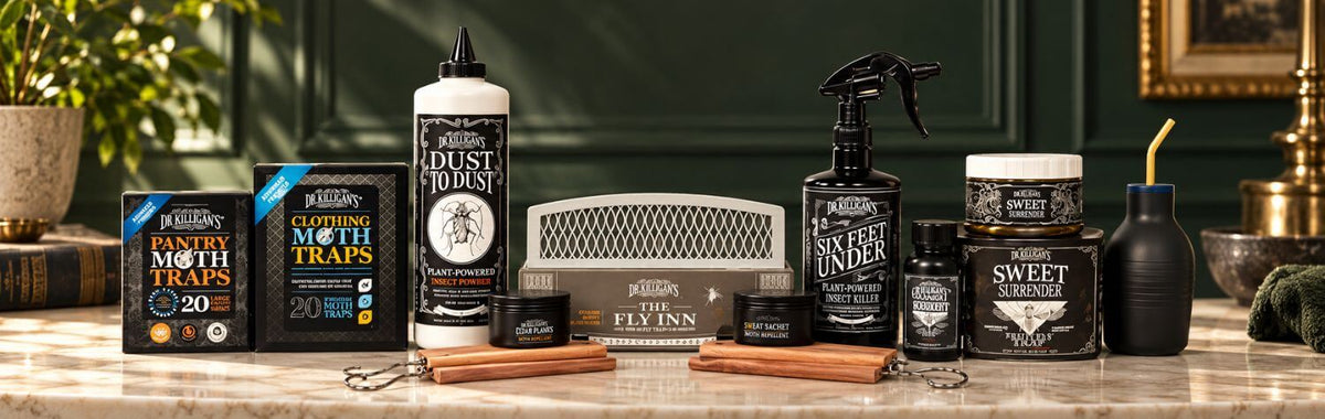 Dr. Killigan's eco-friendly pest control products, including Dust to Dust, Six Feet Under, Fly Inn and moth traps