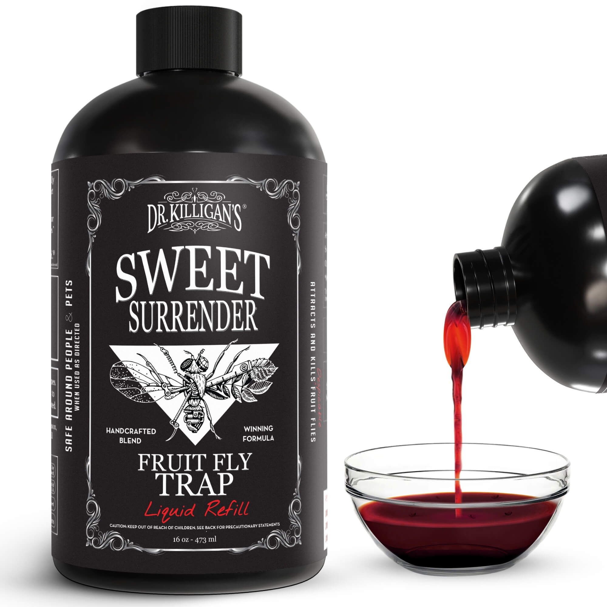 Dr. Killigan's Sweet Surrender fruit fly trap liquid refill bottle with red liquid being poured into a glass.
