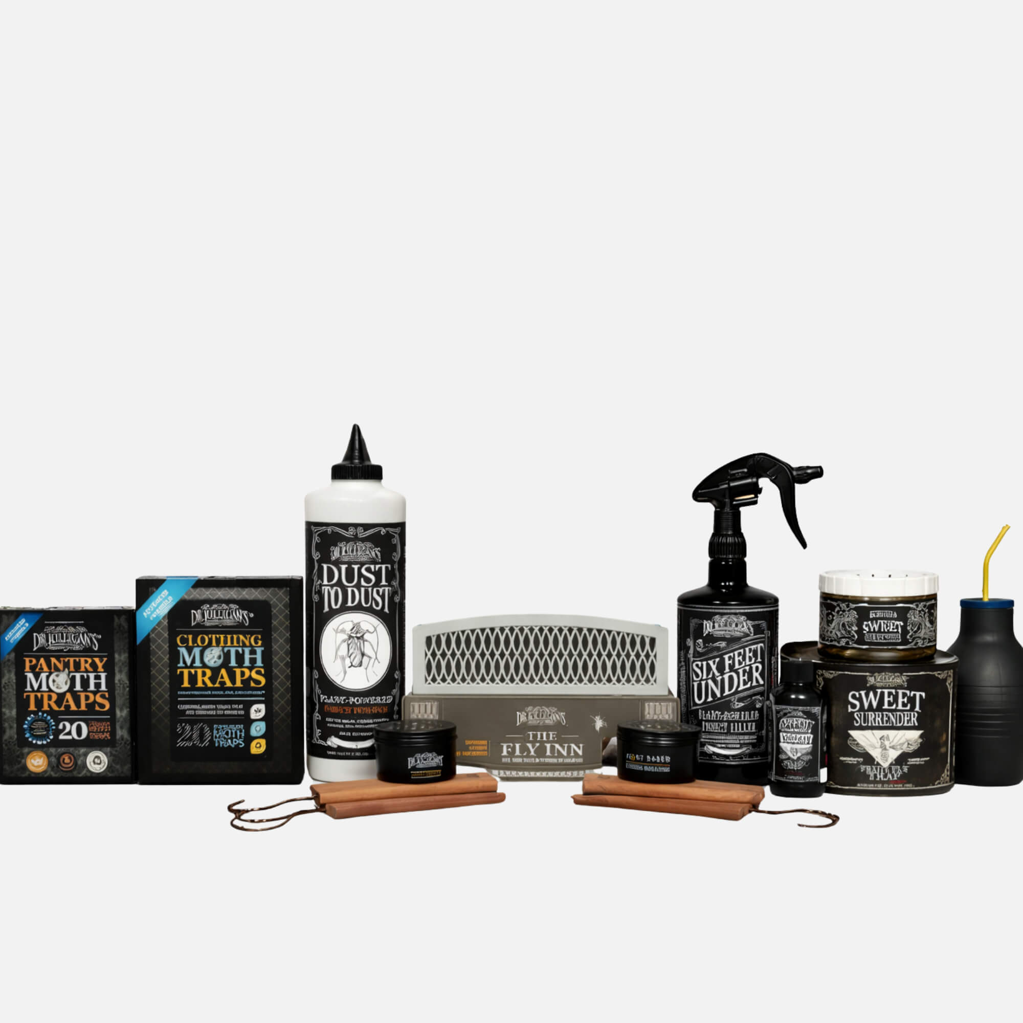 Collection of pest control products and kitchen items on a white background