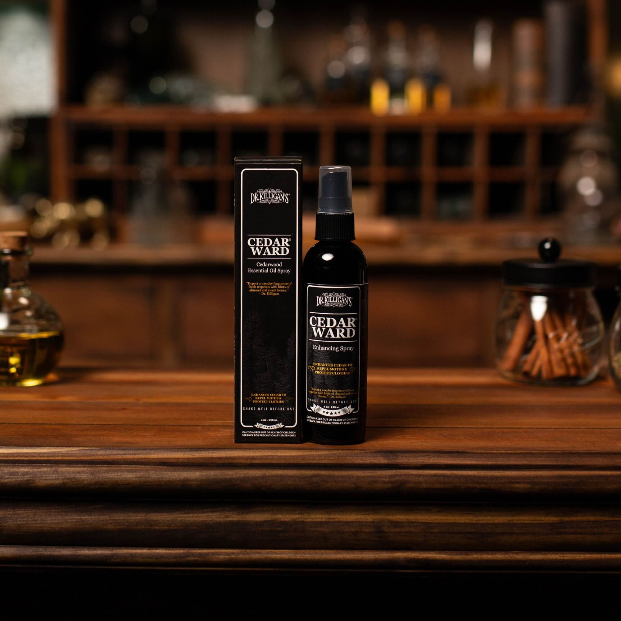 Cedar Ward product on a wooden surface with a blurred background