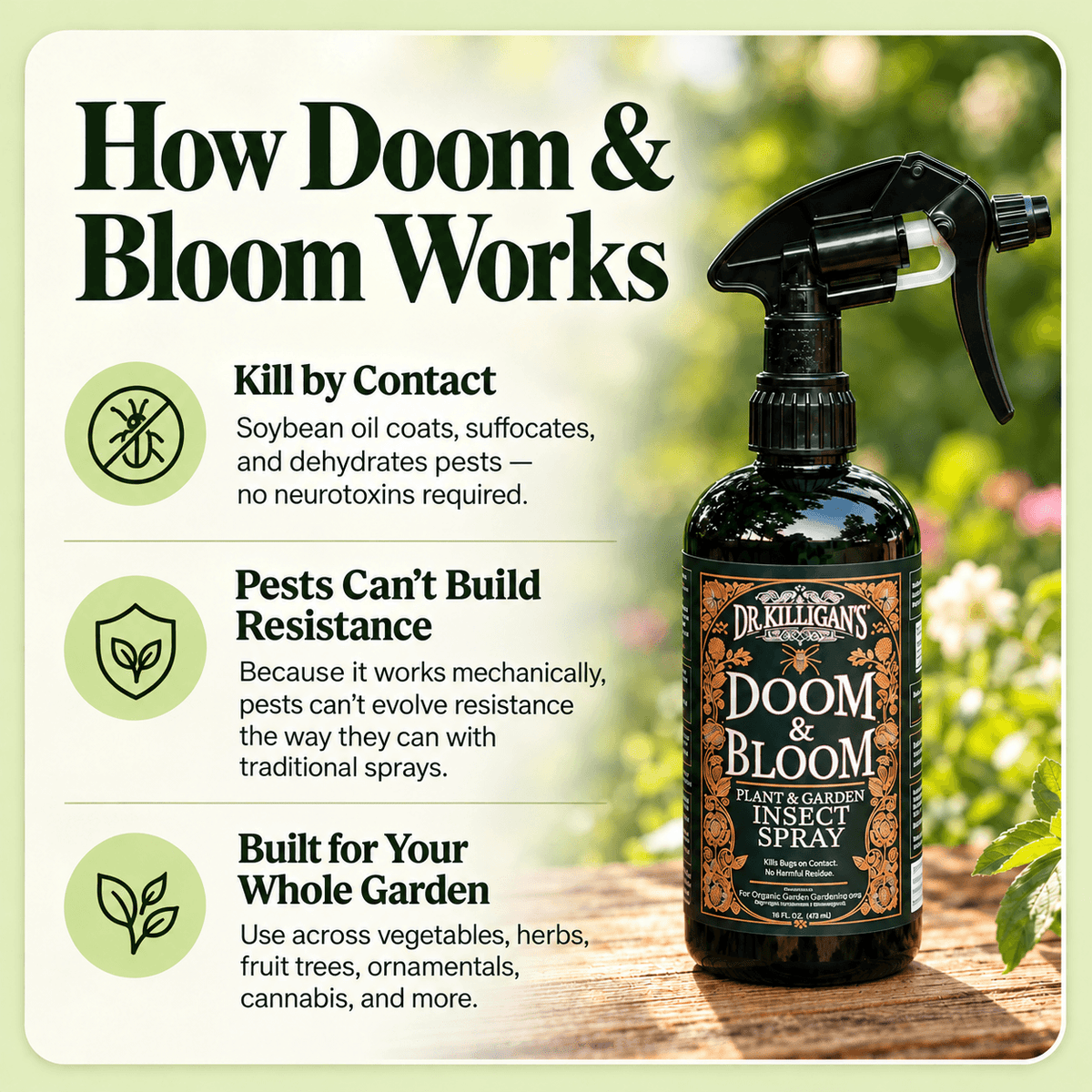 Bottle of Dr. Killigan's Doom and Bloom plant insect spray on wooden surface with text describing How doom and bloom works 