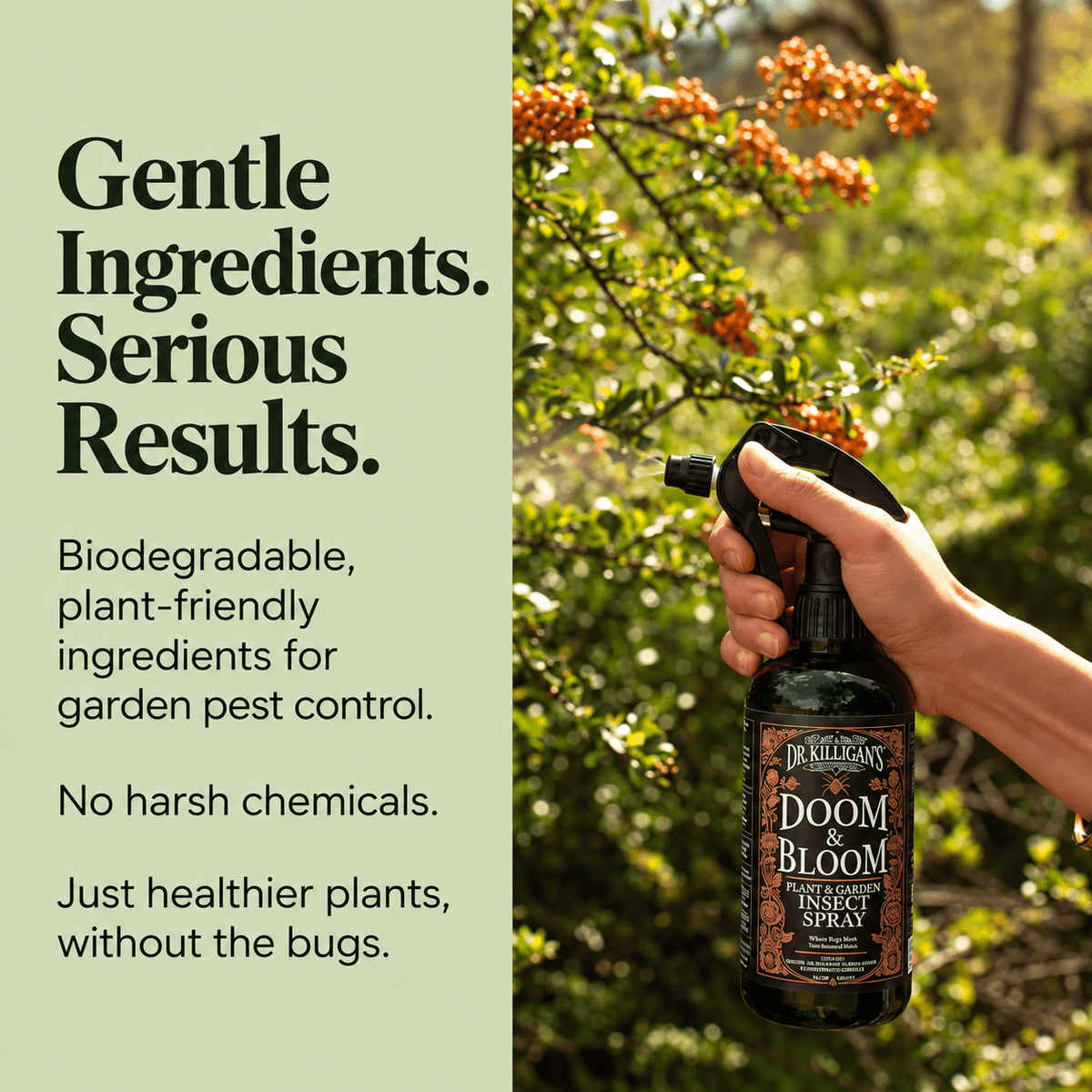 Dr. Killigan's Doom and bloom with a garden in the background and text explaining the product ingredients.