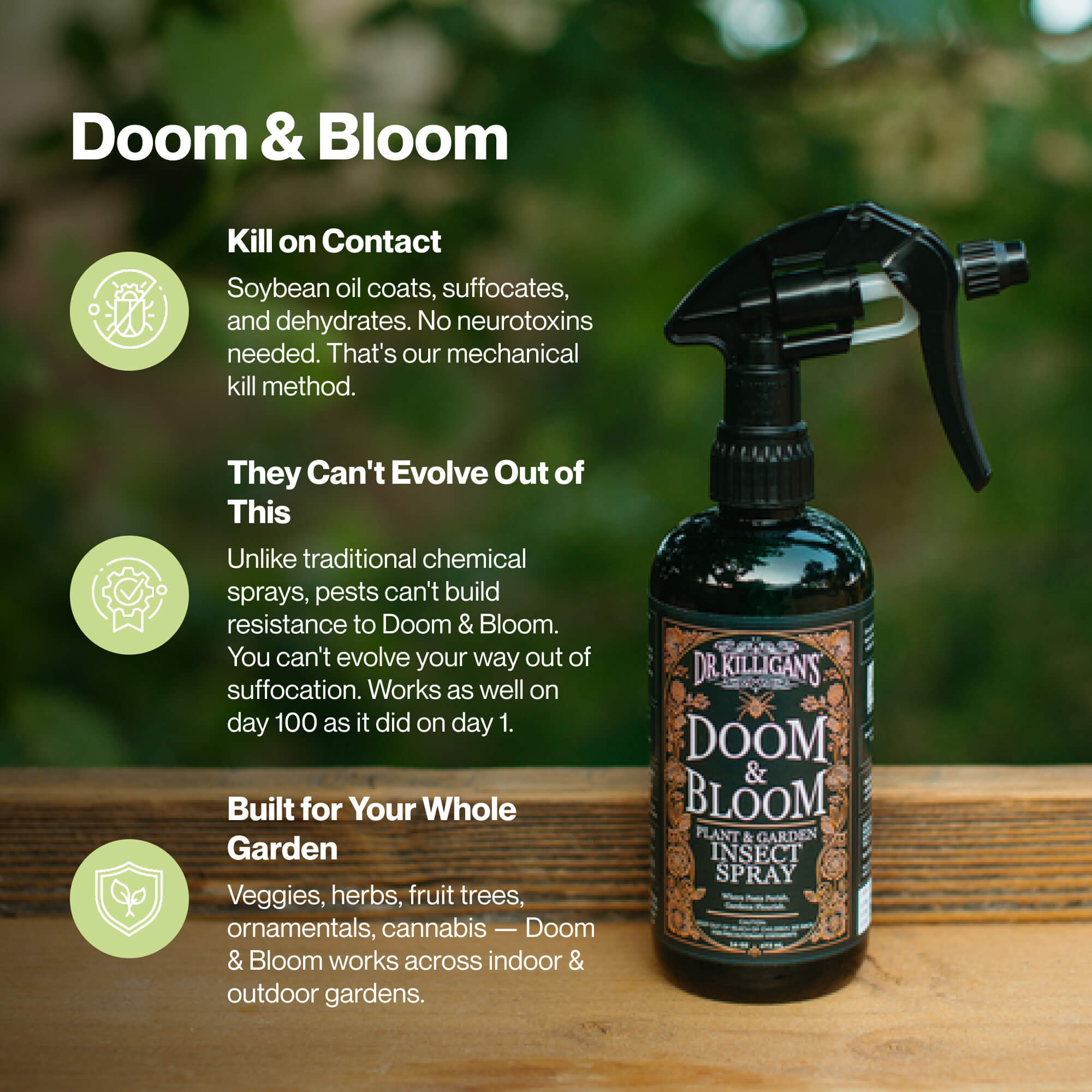 A bottle of Dr. Kieldgen's Doom & Bloom Plant-Based Insect Spray sits on a wooden surface with a blurred green garden background.