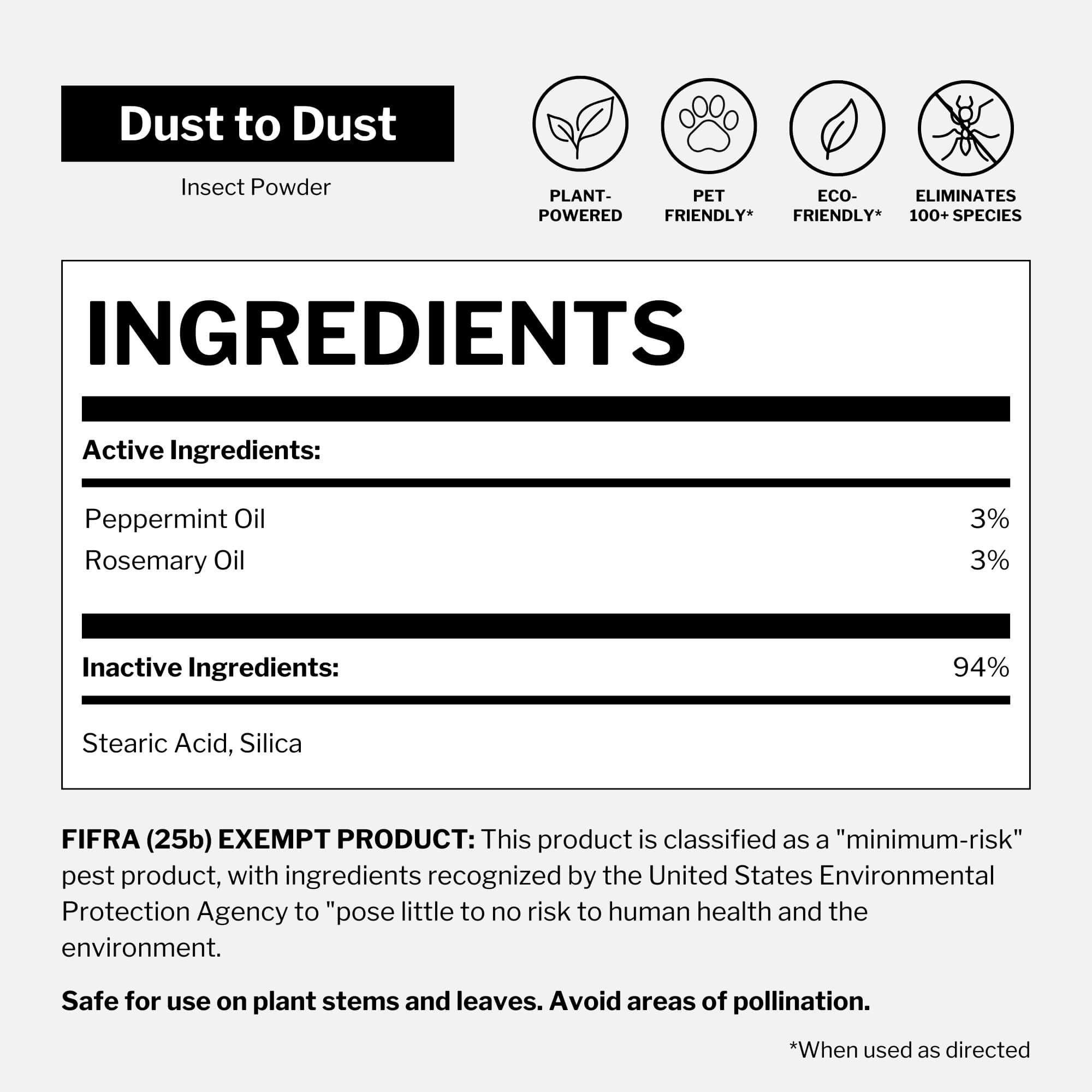 A product information label for 'Dust to Dust' Insect Powder, showing a nutrition-style ingredients panel with active ingredients peppermint oil and rosemary oil, inactive ingredients including stearic acid and silica, and icons indicating plant-powered, pet-friendly, eco-friendly, and elimination of 100+ species.