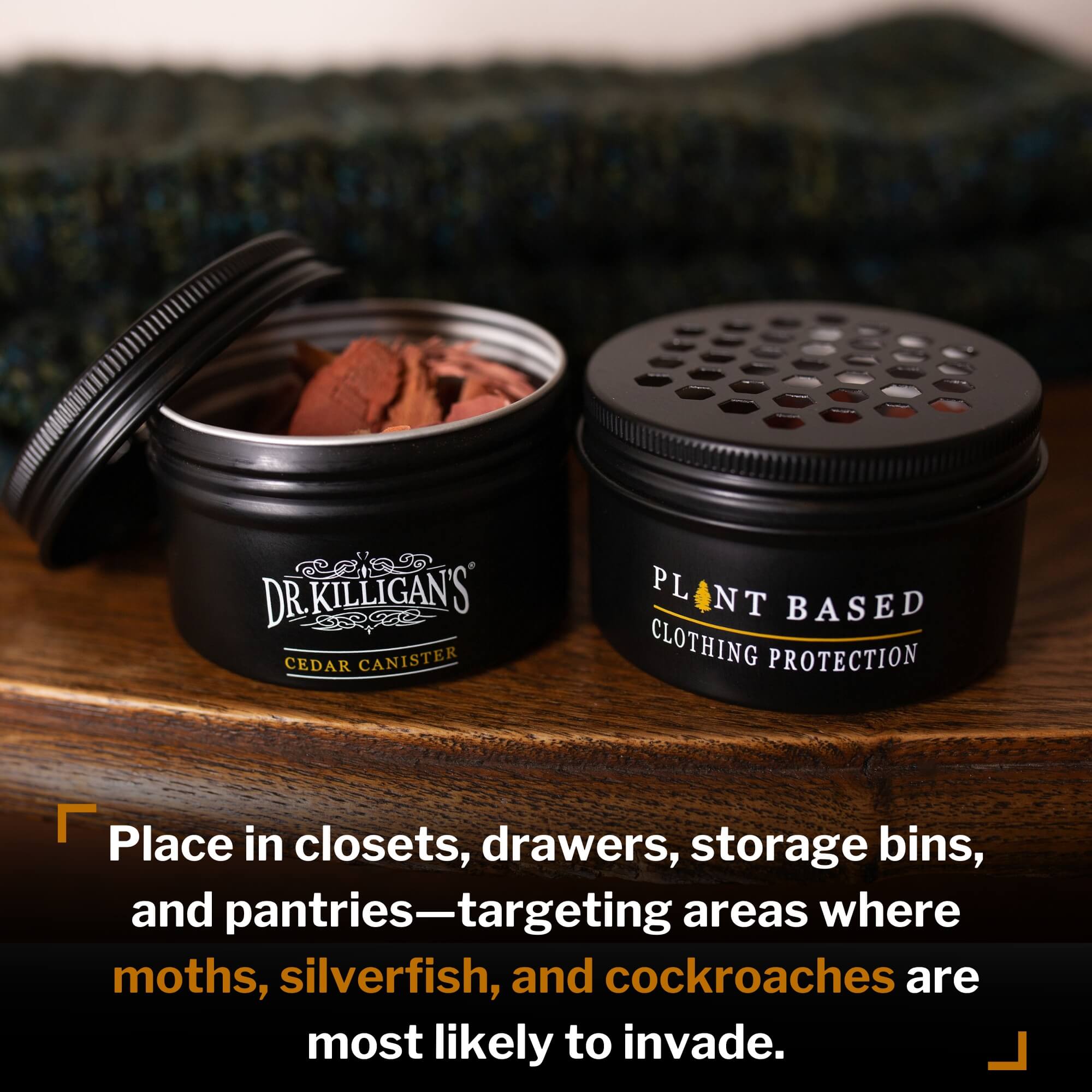 Two cedar canisters labeled 'Dr. Killigan's' and 'Plant Based Clothing Protection' on a wooden surface.