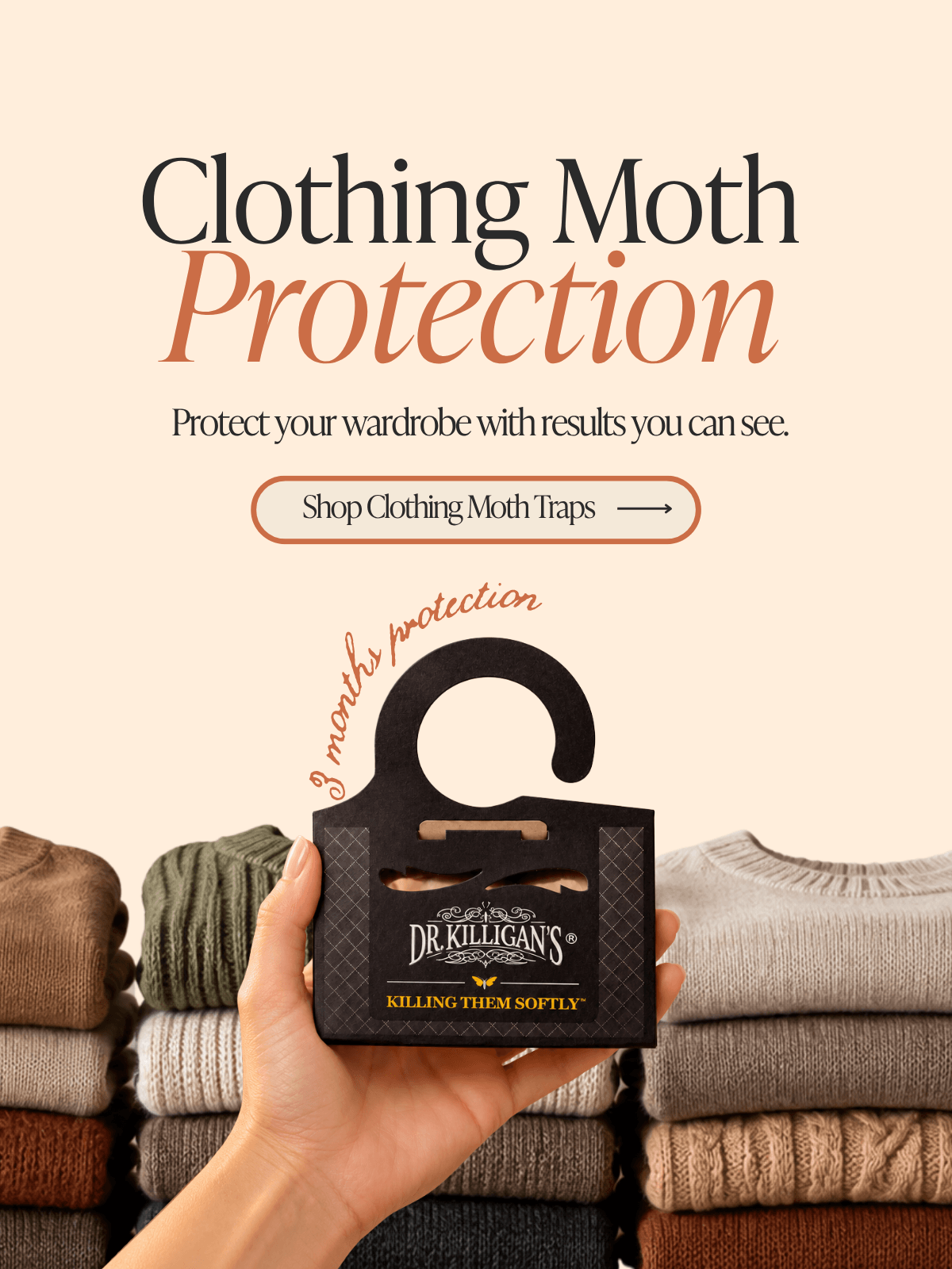 Hand holding a clothing moth trap with text that says "Clothing Moth Protection - Shop clothing moth traps"