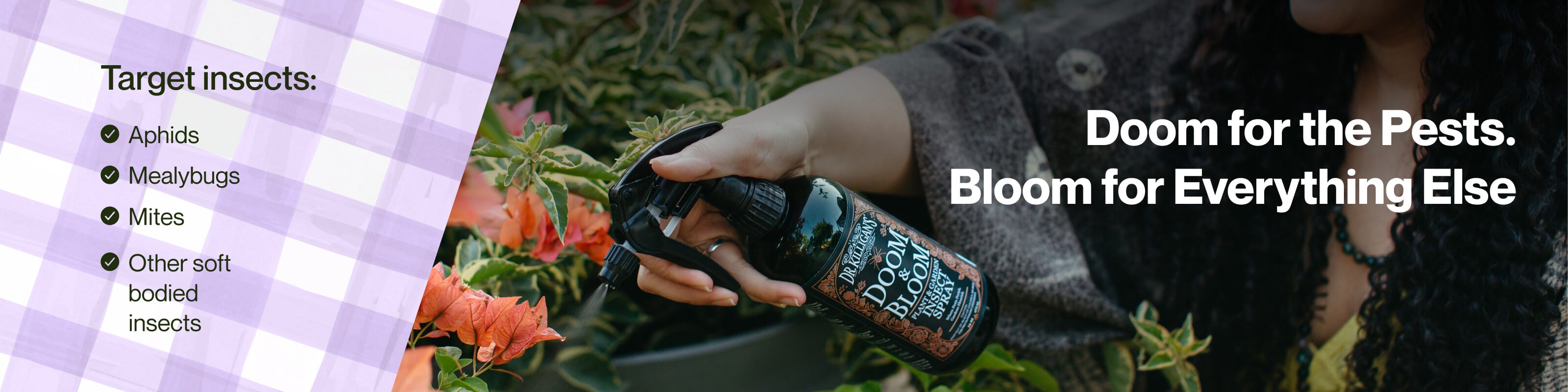Person holding a bottle of Doom and Bloom with text about targeting pests and promoting plant growth.