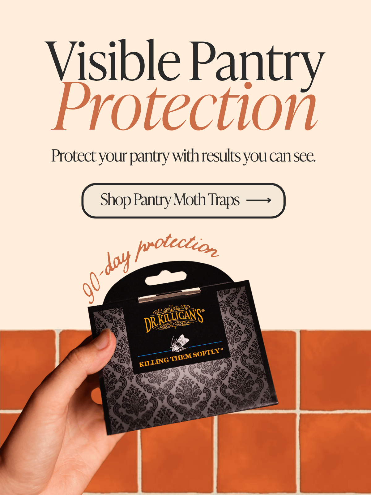Hand holding a pantry moth trap with text that says "Visible Pantry Protection - Shop pantry moth traps"